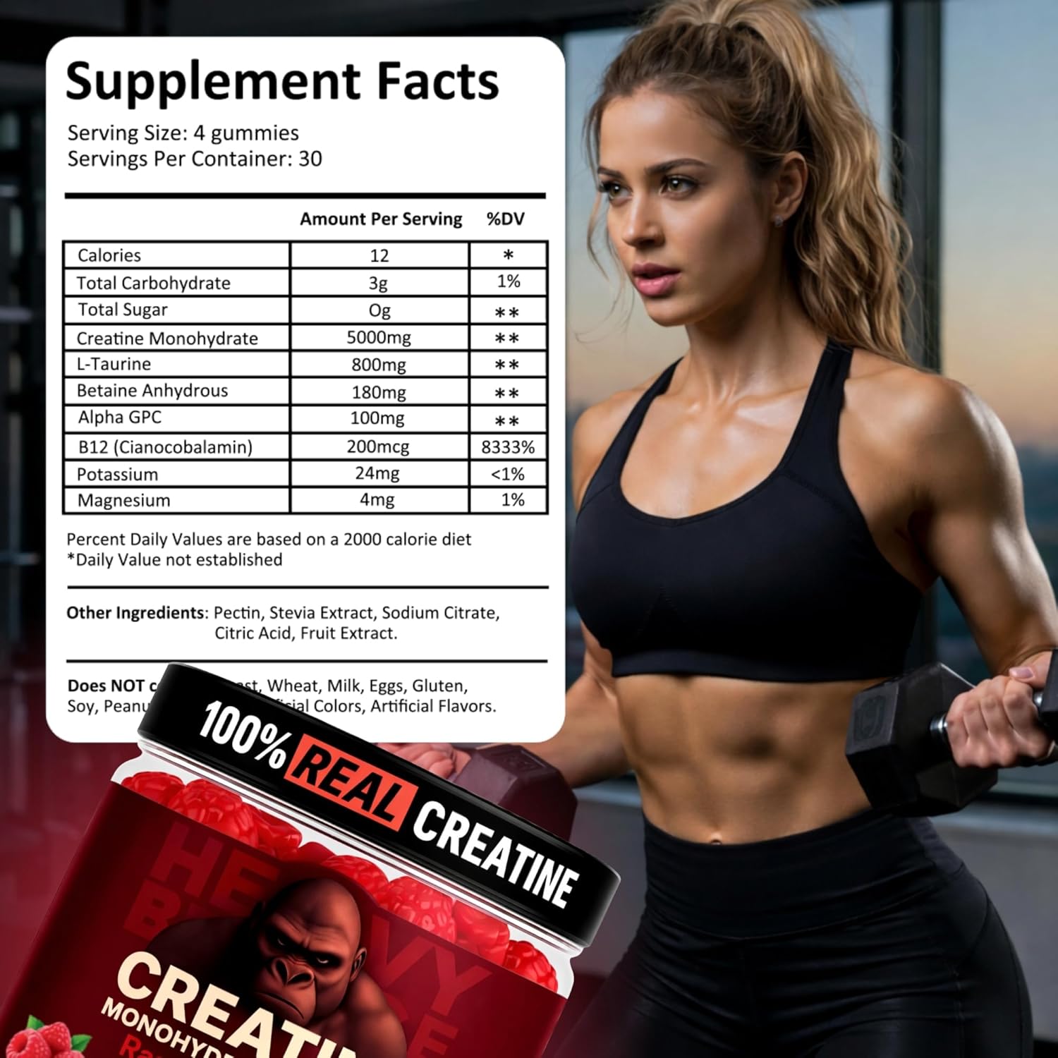 Creatine Monohydrate Gummies 5g Sugar Free Creatine with Vitamin B12 and L-Taurine | Muscle Growth for Men and Women | Low Calorie Formula 120 Gummies for 30 Servings, Raspberry