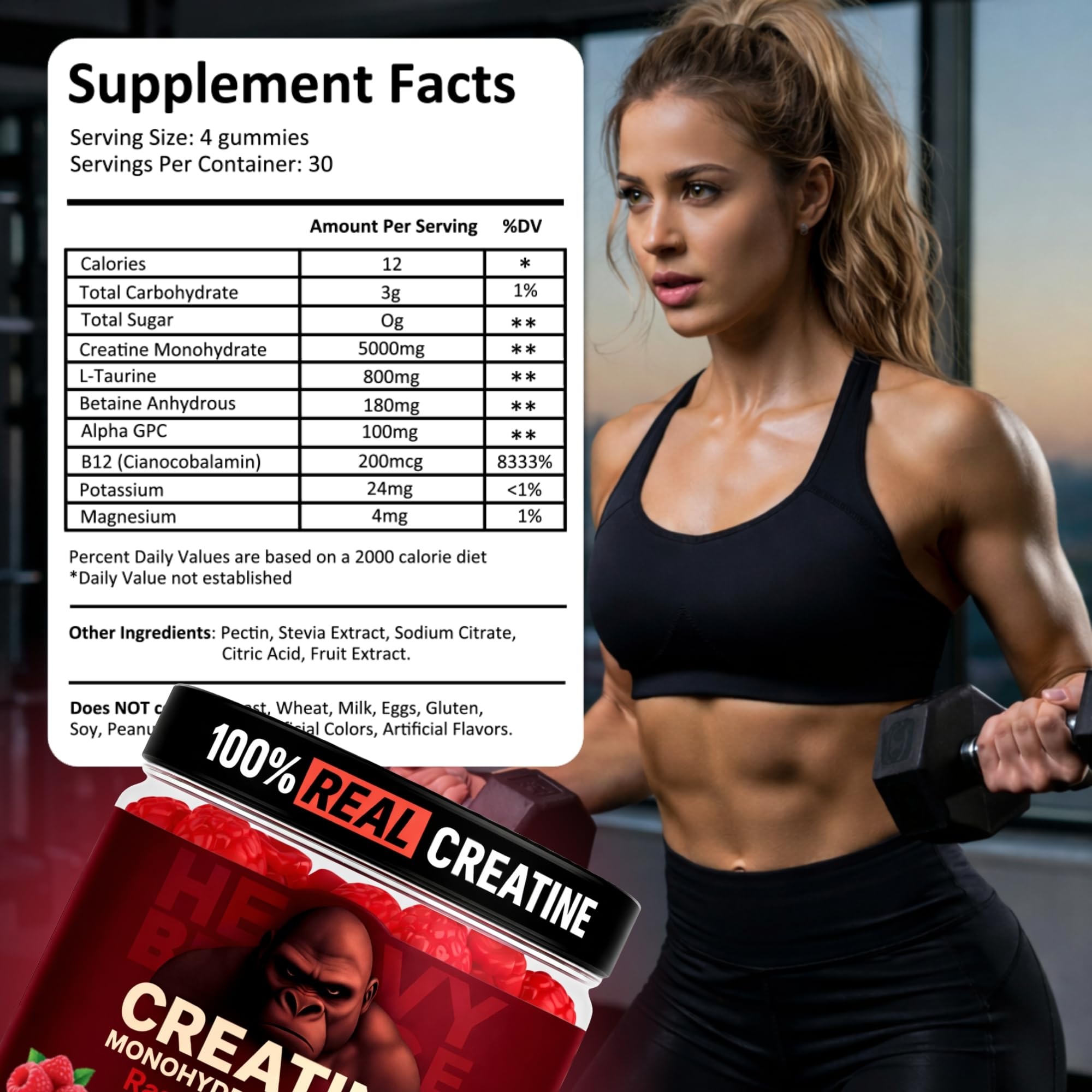 Creatine Monohydrate Gummies 5g Sugar Free Creatine with Vitamin B12 and L-Taurine | Muscle Growth for Men and Women | Low Calorie Formula 120 Gummies for 30 Servings, Raspberry — Amazon image 5