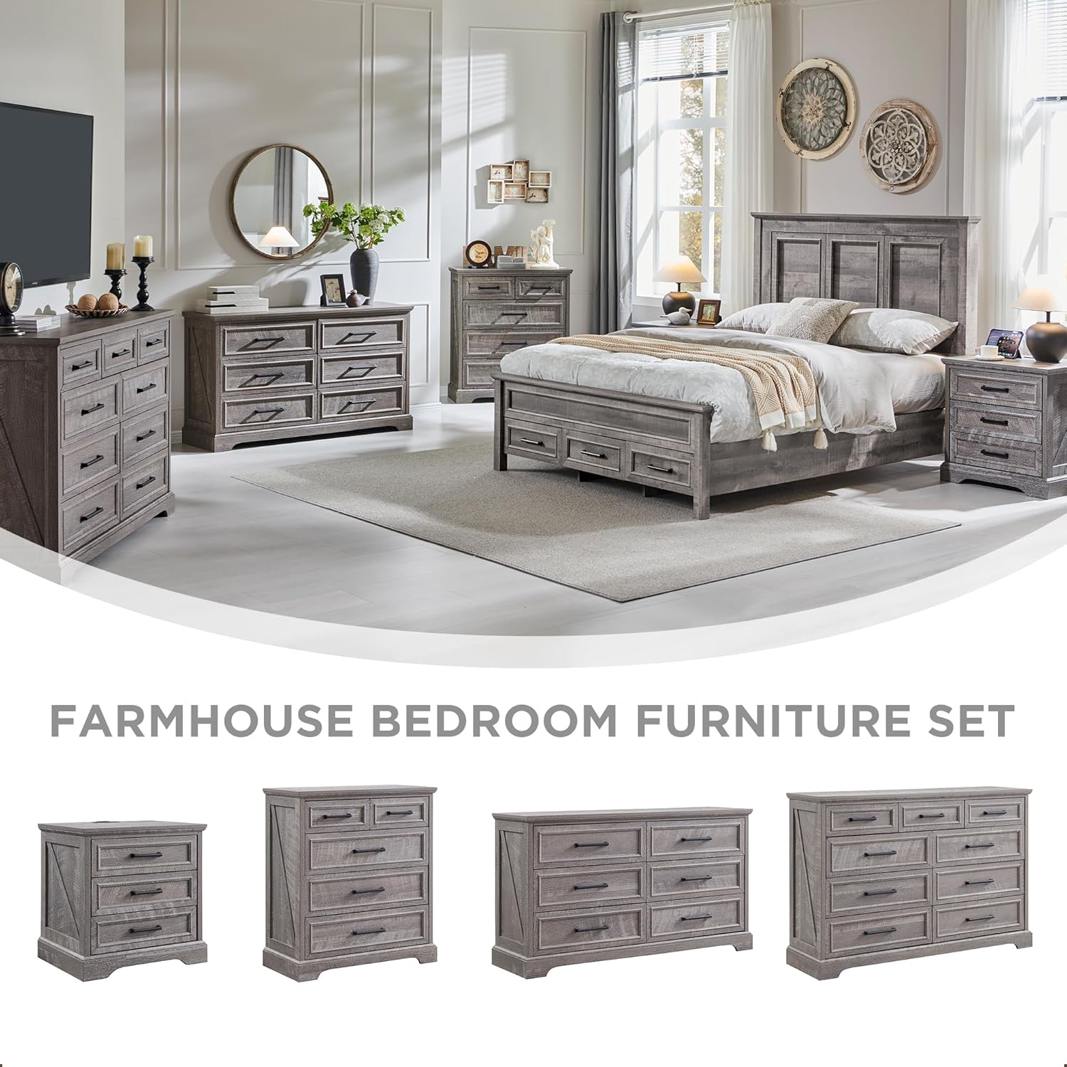 Farmhouse Nightstands, 22 Inch Wide End Table with Charging