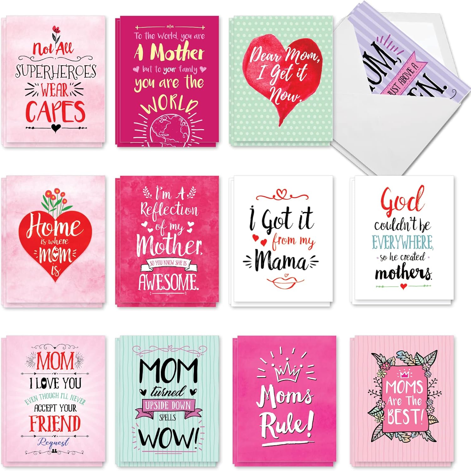 The Best Card Company 36 Assorted Mother's Day Notecards Bulk Box Set 4 x 5.12 Inch w/Envelopes (12 Designs, 3 Each) Greeting Card Pack for Daughter, Girlfriends - Mom Notes AM3138MDG-B3x12