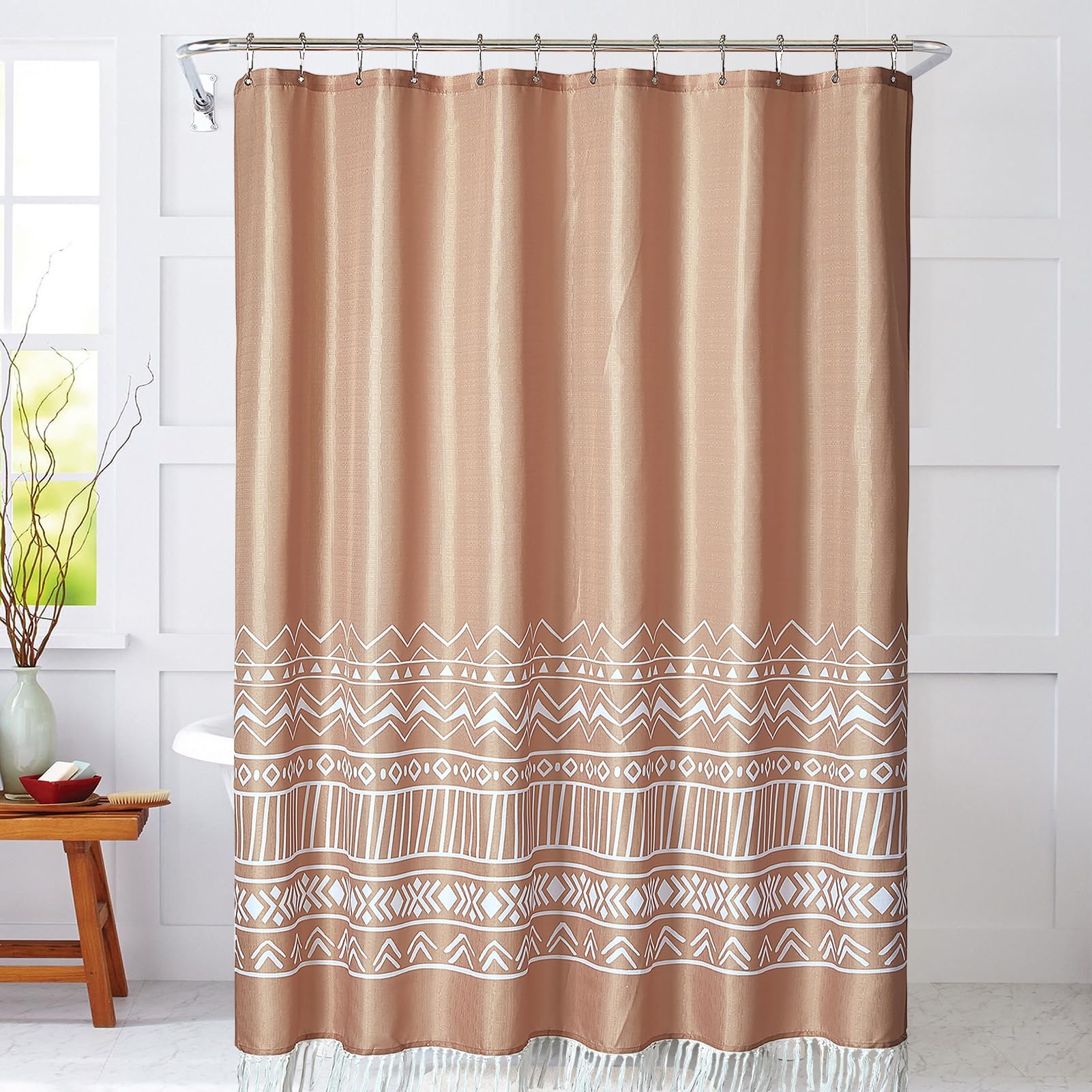 YOSTEV Braune Duschvorhang-Set – 183 X 183 Cm, Wasserdicht, Mit 12 Metallhaken, Boho-Design