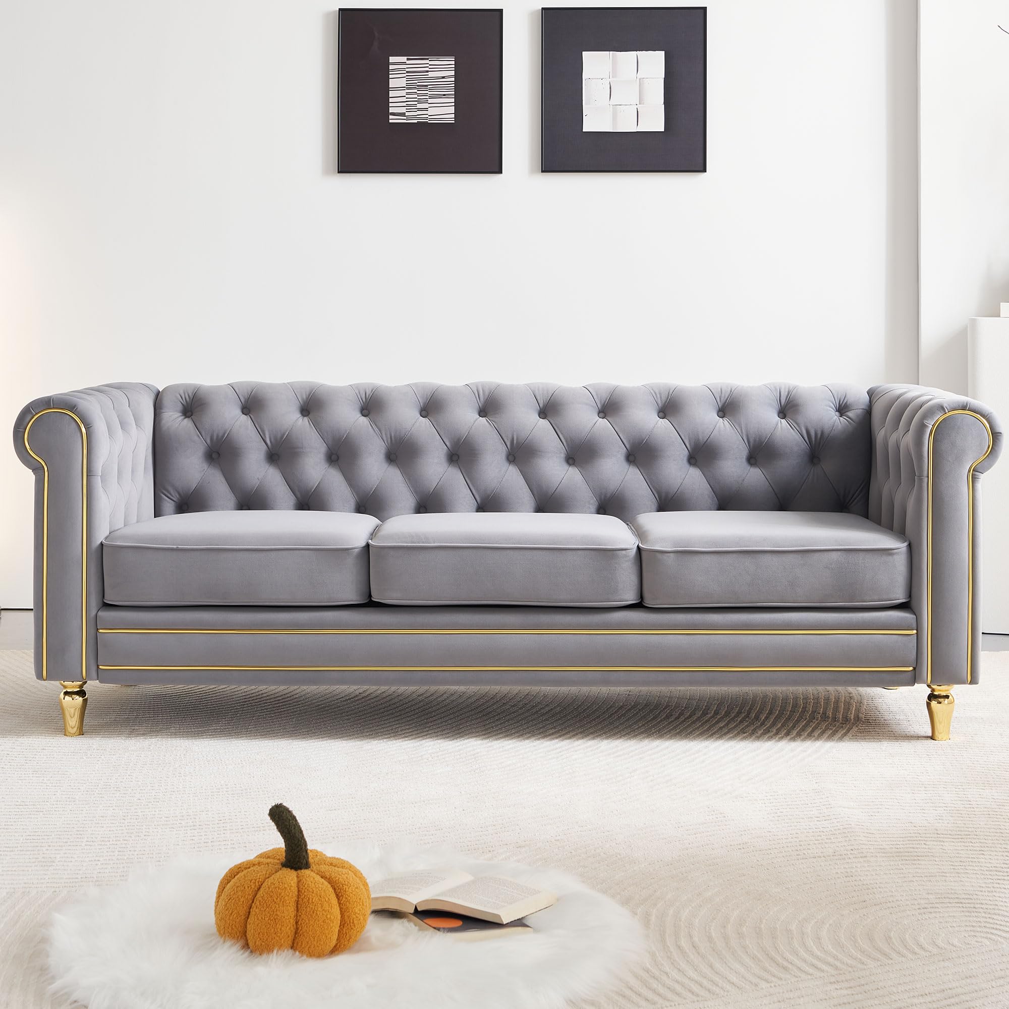 KEIKI 85" Chesterfield Velvet Tufted Button Sofa with Deep Seat Cushions and Rolled Arms, Modern 3-Seater Couch Decorated with Gold Strip, Easy Assembly, for Living Room, Bedroom, Office, Light Grey