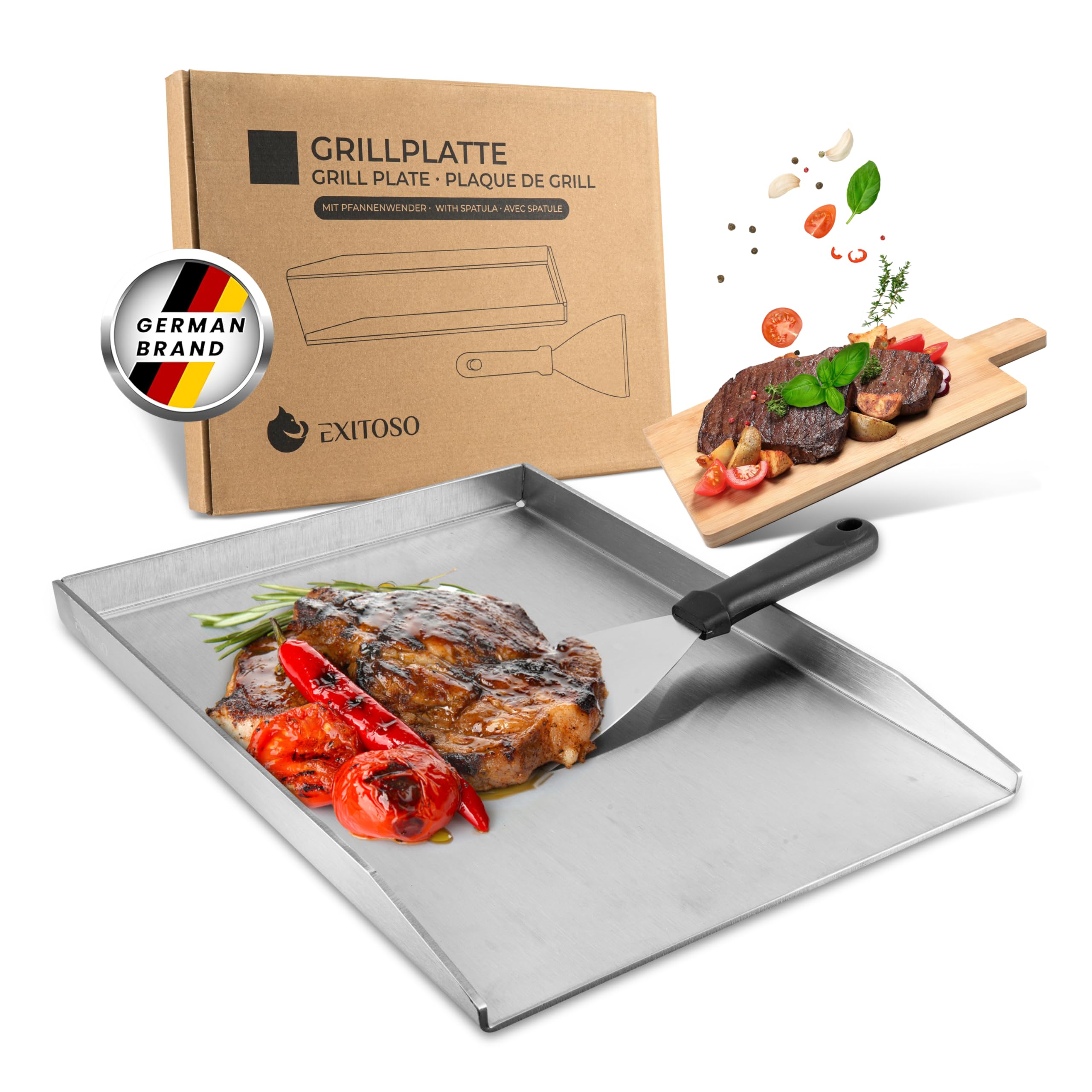 Exitoso Grillplatte 30x40cm | Plancha Mit Grillspachtel | Gasgrill Aus Dickem & Rostfreiem Edelstahl | 4mm Dicke | Universalgröße, Silber