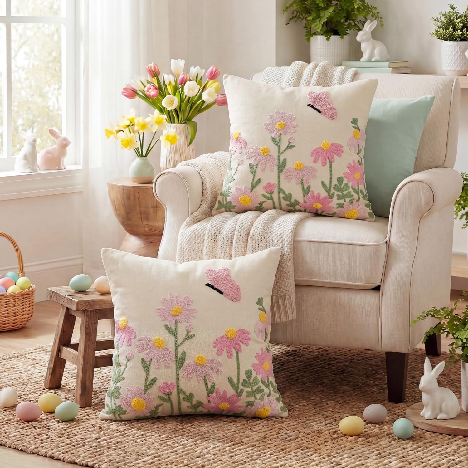 AVOIN colorlife Spring Floral Embroidered Throw Pillow Covers, 18 x 18 Inch Butterfly Flowers Tufted Patterned Linen Decoration Cushion Case for Sofa Couch Set of 2
