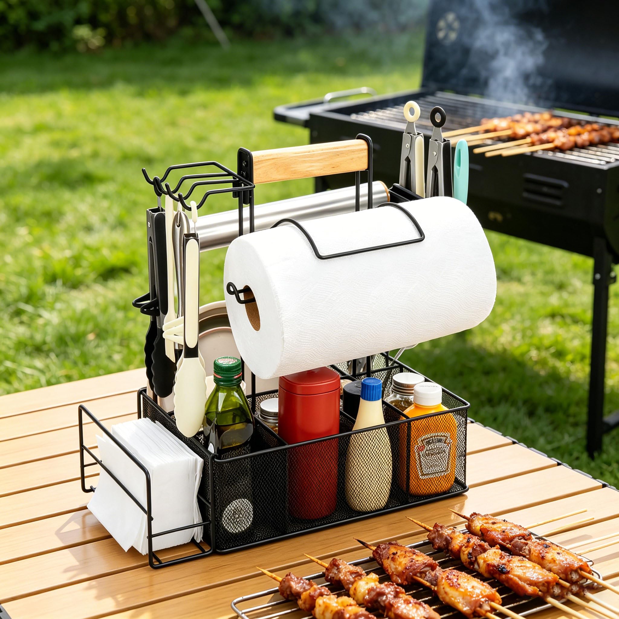 Robusto portautensili per Barbecue in Metallo con 6 sezioni e Ganci per riporre Attrezzature da Cucina all ' Aperto Rastrelliera per condimenti per Barbecue con Ganci