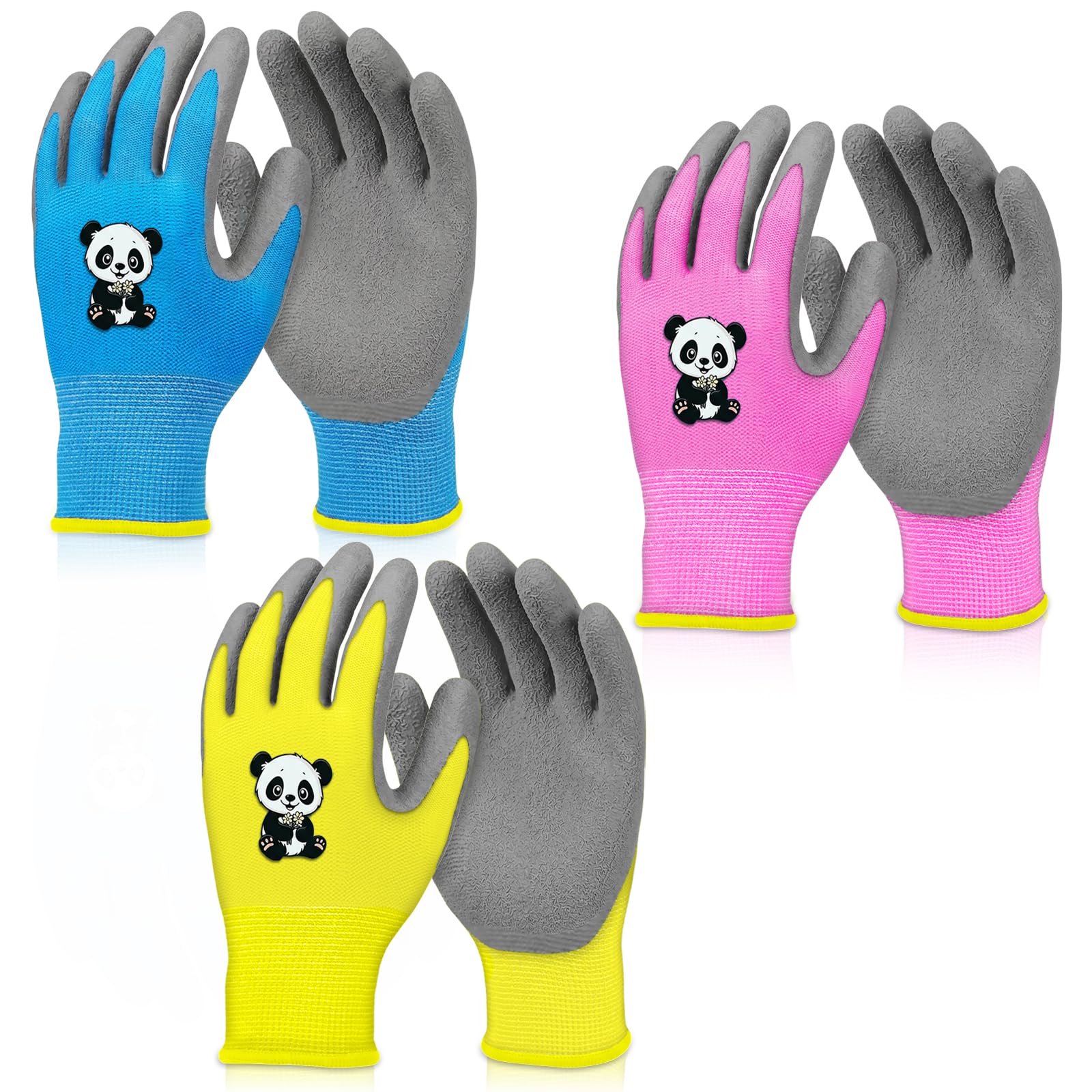 flintronic 3 Pairs of Gardening Gloves, Kids Safety Work Gloves, Non-Slip, Kids Rubber Gloves, Kid Work Glove for Toddlers Youth Girls Boys, Comfortable Breathable for Camping Yard Cleaning (Age 6-9)