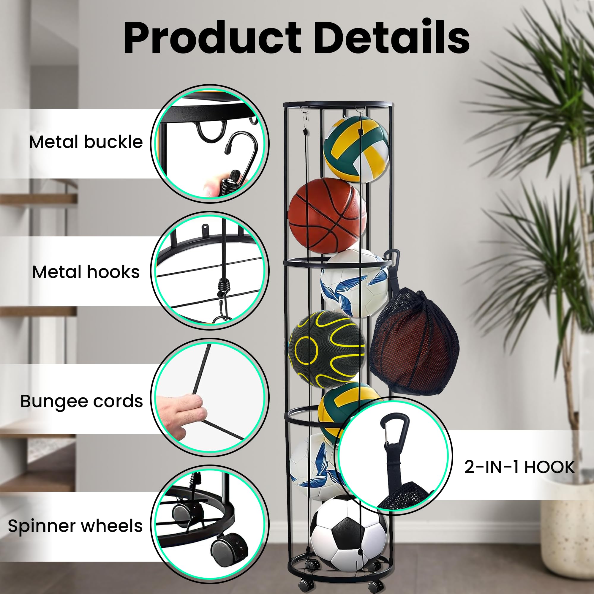Shiawase 3 Tier Ballständer mit Rollen Sparende Abnehmbare Stehend Ballhalter mit Netto, Ball Aufbewahrungsregal, Garage Ball Aufbewahrung Sports Storage für Volleyball, Basketball, Fußball