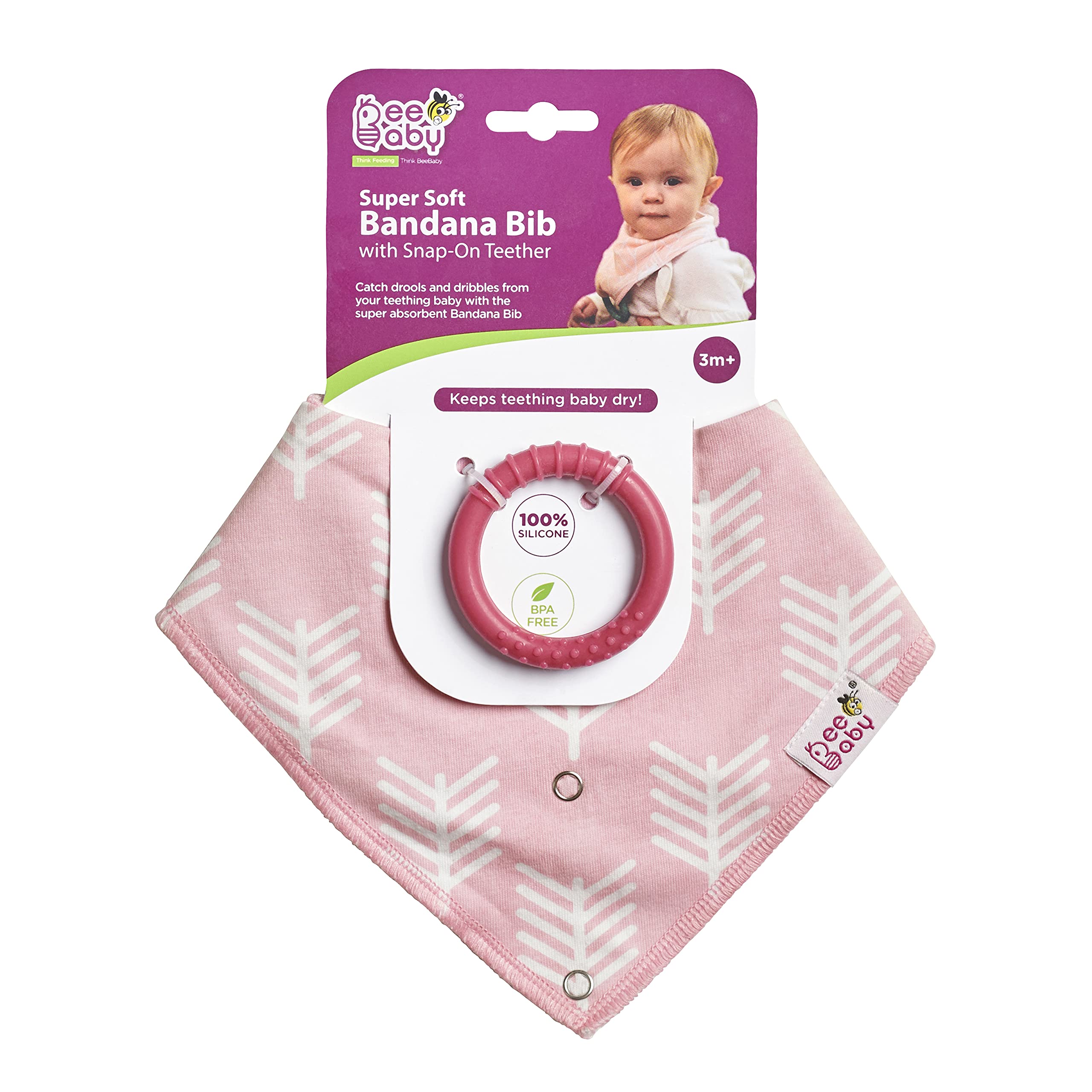 BeeBaby Super Absorbent & Soft Bandana Bib with Snap-On Teether. 100% Waterproof & Washable. (Baby Pink - Arrow) 3M+