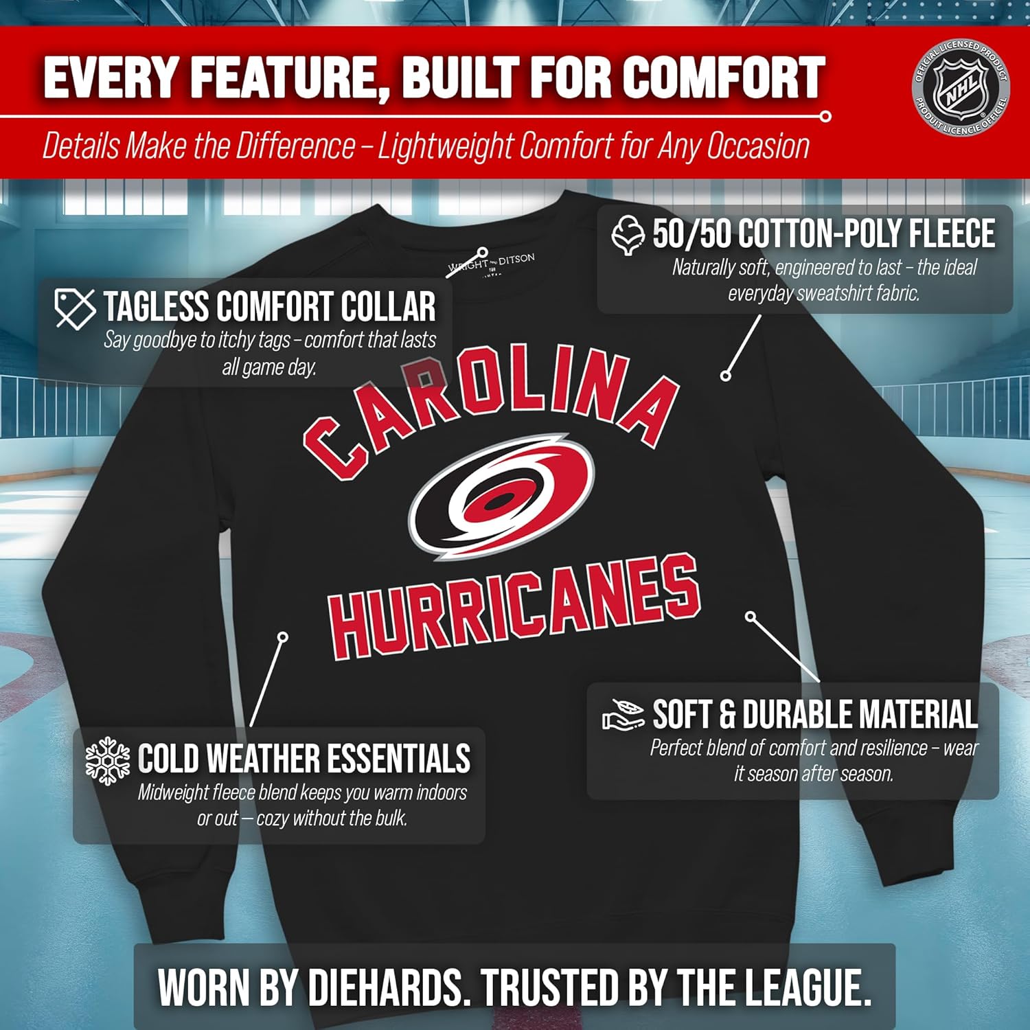Wright & Ditson Adult NHL Gameday Crewneck Sweatshirt - Pre-Shrunk Fleece Blend - Officially Licensed Unisex Hockey Pullover