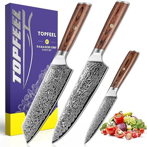 Topfeel Damascus - Juego de cuchillos de chef de 3 piezas, juego de cuchillos de cocina ultra afilados con núcleo de acero japonés Japón VG-10, Topfeel Damascus - Juego de cuchillos de chef de 3 piezas, juego de cuchillos de cocina ultra afilados con núcleo de acero japonés Japón VG-10,