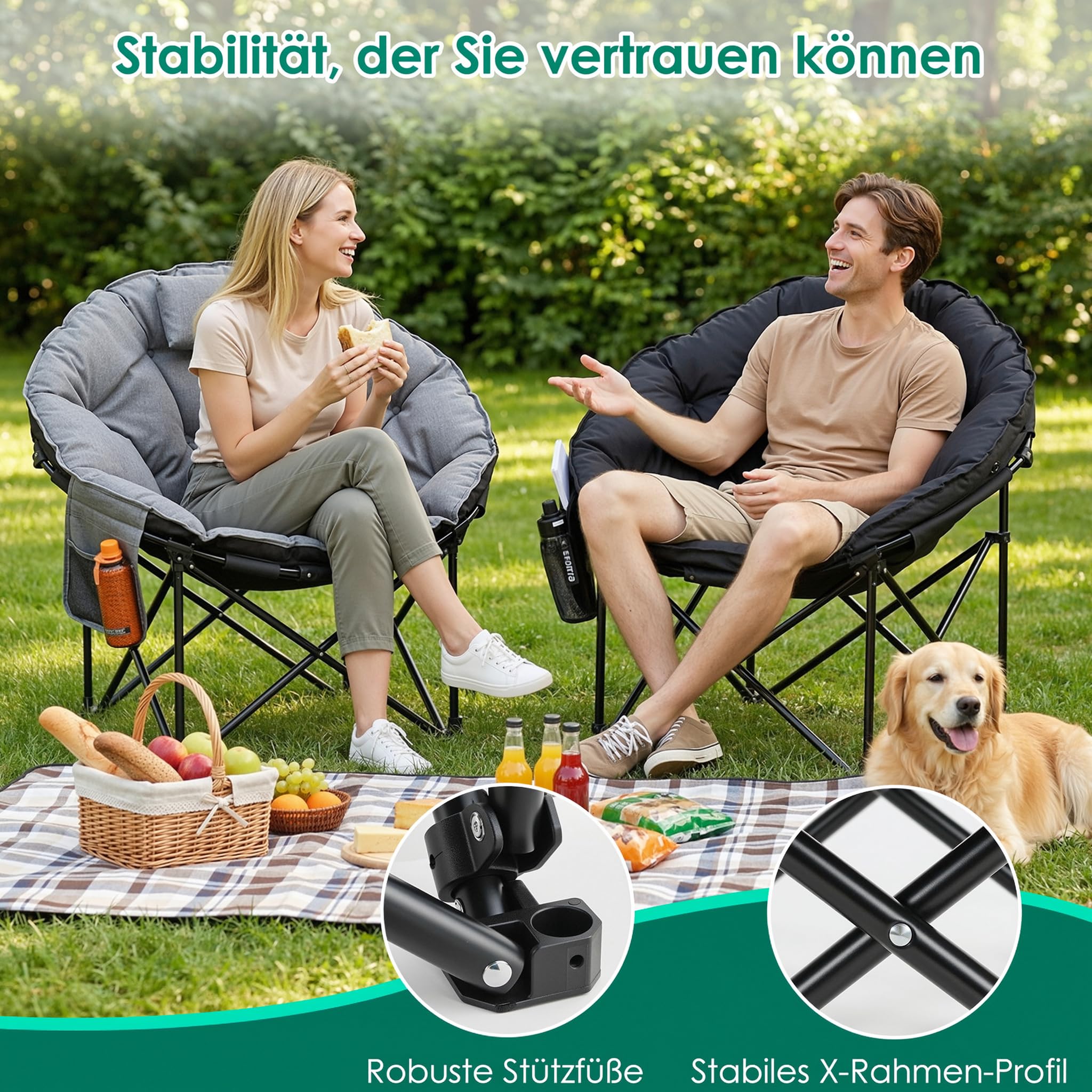 LIFERUN Moonchair Luxus 150KG, Campingsessel rund,Faltstuhl Camping Outdoor | Campingstuhl Faltbar mit Dick Gepolstert, Lagerungstasche, AntiRutsch-Füße, Seitentasche, für Garten, Angeln, Strand, Grau