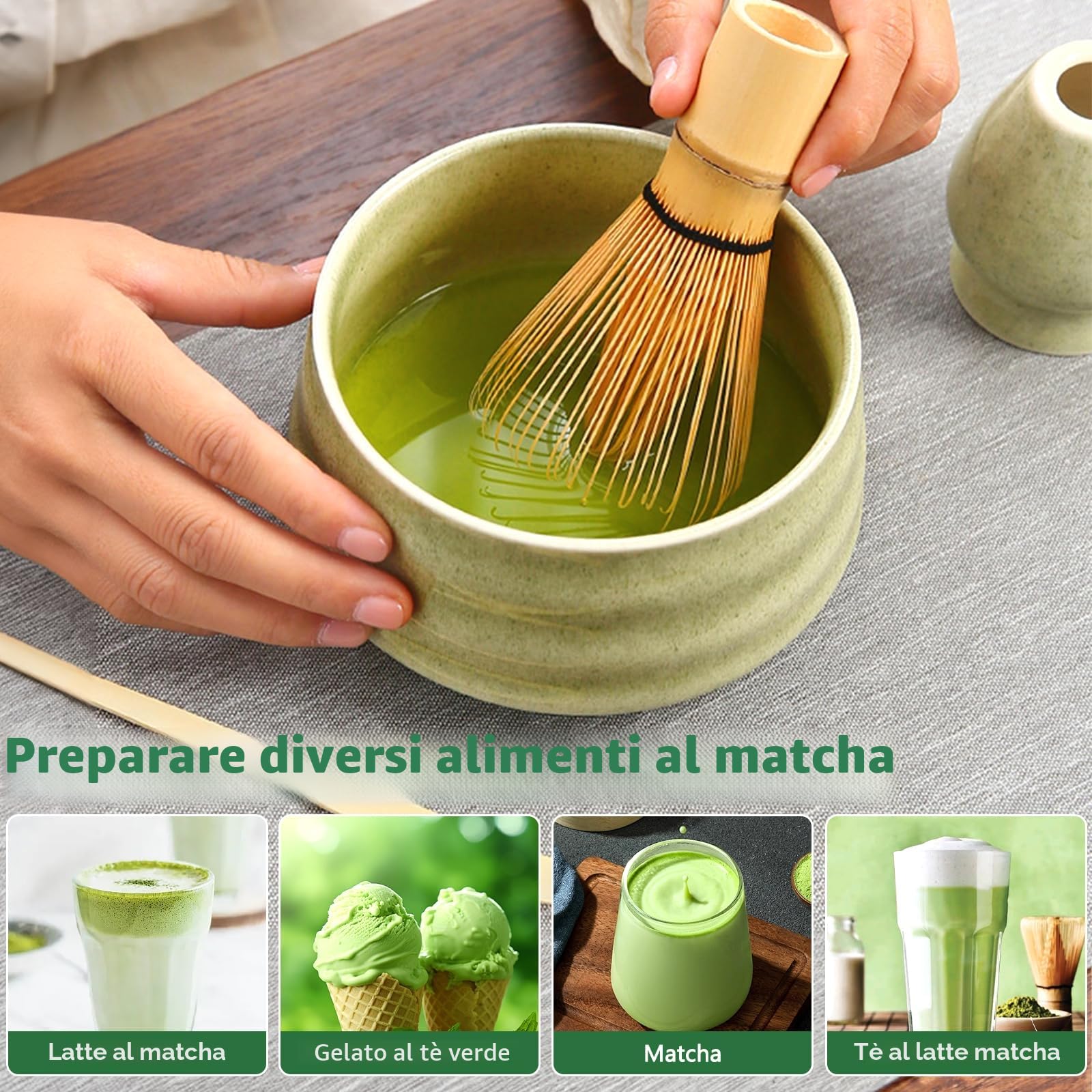 8 Pezzi Matcha Kit, Matcha Tea Kit, Ciotola Matcha, Matcha Whisk, Supporto Chasen, Cucchiaio di Matcha, Setaccio, Tovagliolo da Tè, Portacucchiaio, Set Matcha per Principianti Regalo