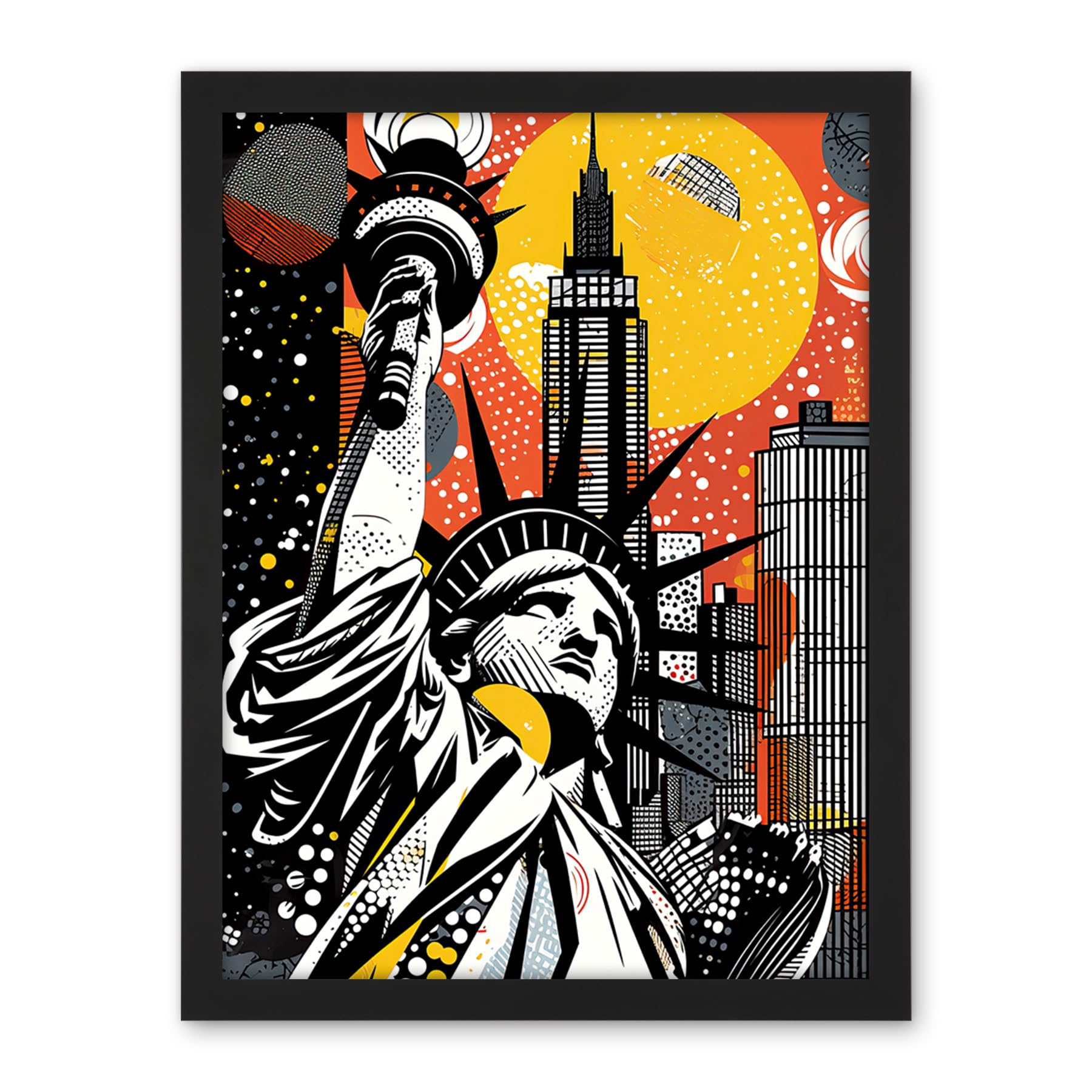 Artery8 New York Collage Halftone Pop Art Comic Book Statue of Liberty Skyscraper Abstract Artwork Framed Wall Art Print 18X24 Inch
