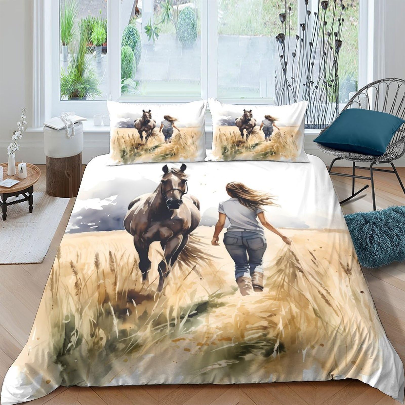 Ctjqhvkz Girls Style-1 3D Printed Wheat Field Horse Fitted Sheet Microfiber Soft Artistic Running Bed Cover For Bedroom Guestroom Decor Single（135X200cm）
