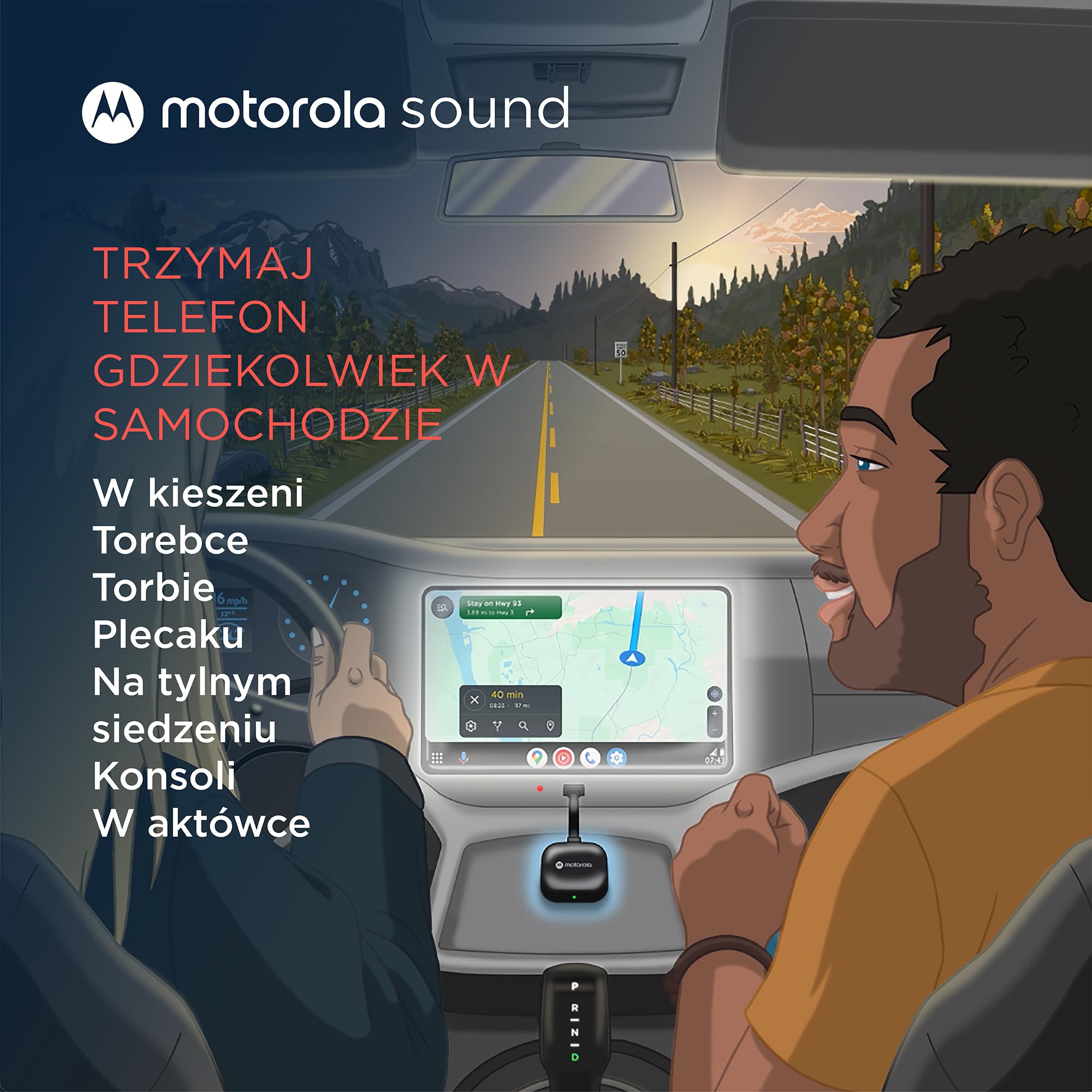 Motorola Sound MA1 - jedyny autoryzowany przez Google bezprzewodowy adapter samochodowy z systemem Android, natychmiastowe połączenie ze smartfona z ekranem samochodu