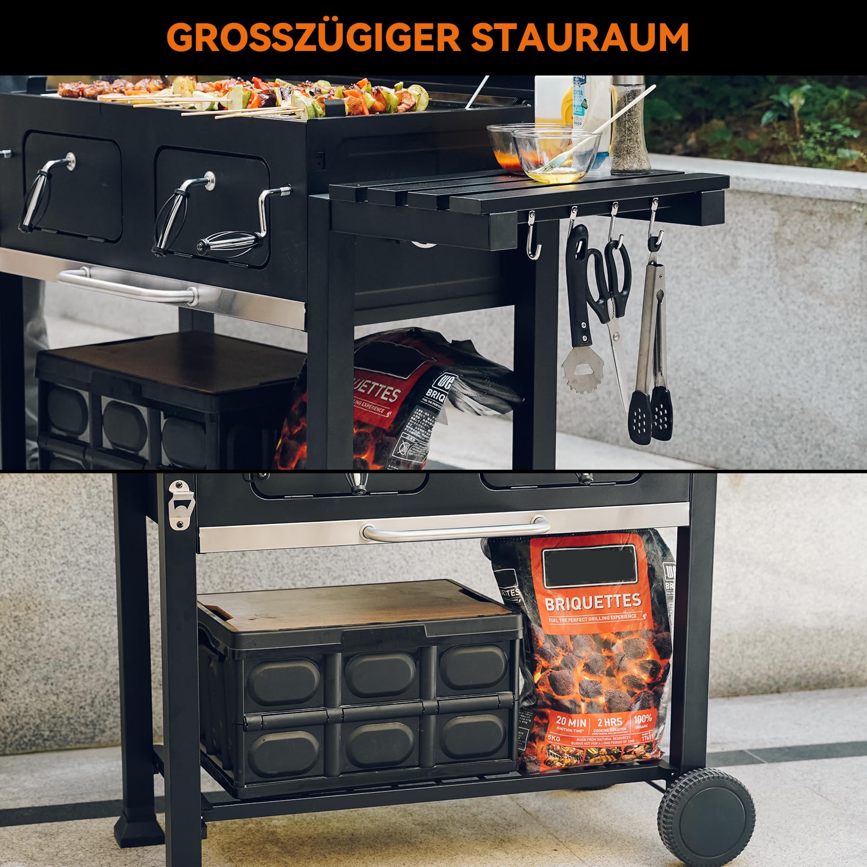 onlyfire Holzkohlegrill mit Deckel, Grill Grillwagen BBQ Smoker mit Rädern, Edelstahl Grillrost, Abdeckungen und Verstellbarer Kohlewanne, Großer Grill Holzkohle für Party, Camping