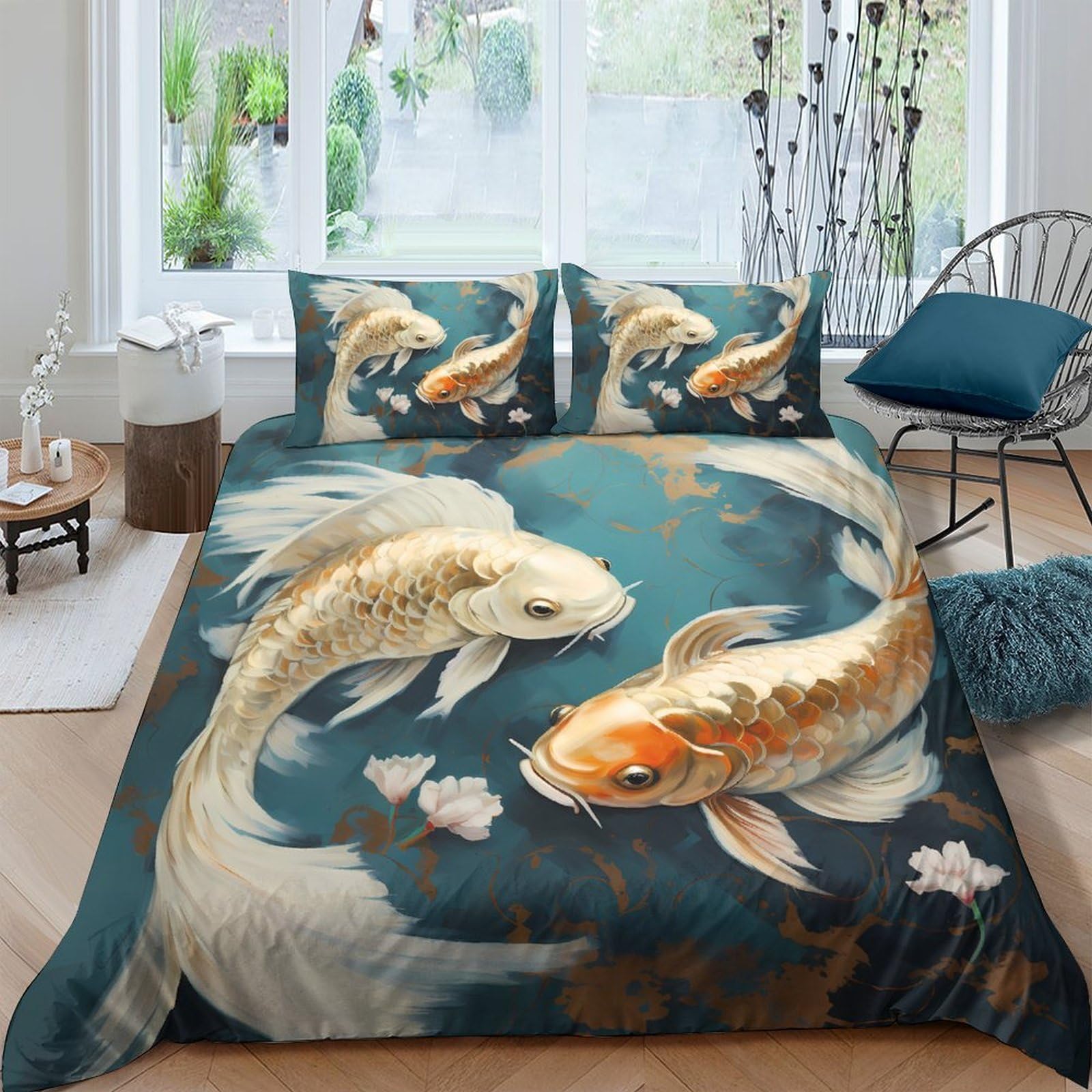 Ctjqhvkz Style-9 3D Printed Koi Fish Fitted Sheet Microfiber Soft Blue Gold Art Bed Cover For Bedroom Guest Room Decor Single（135X200cm）