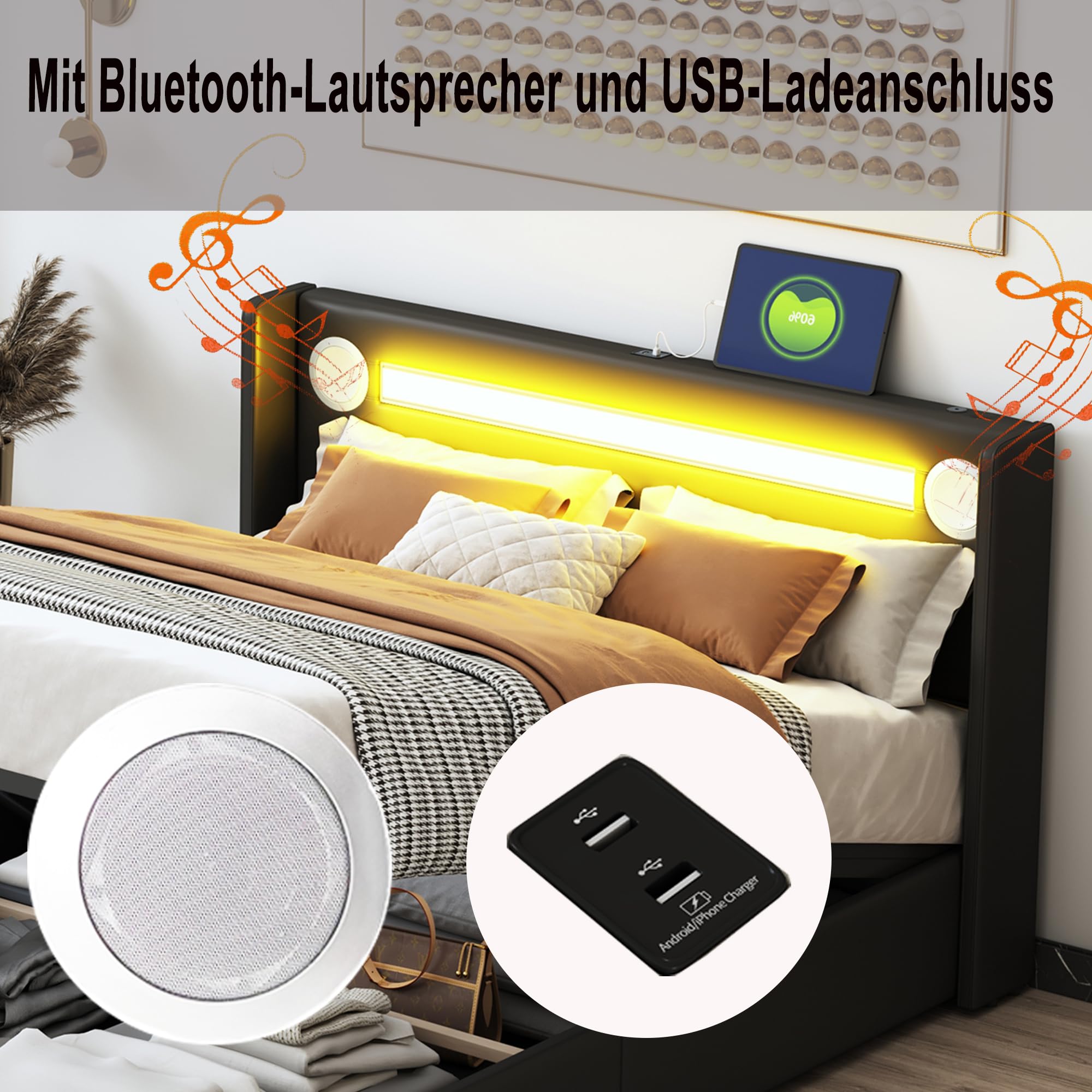 Merax Cama tapizada de 140 x 200 cm con tiras de luz LED, espacio de almacenamiento cama con reproductor Bluetooth y carga USB, para jóvenes y adultos, piel sintética negra (sin colchón)