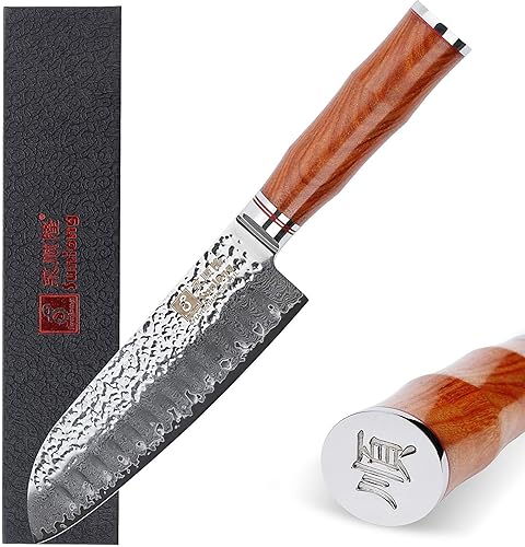 Sunlong Santoku - Cuchillo de chef profesional de 7 pulgadas, acero de Damasco martillado japonés, mango de madera de sangre natural