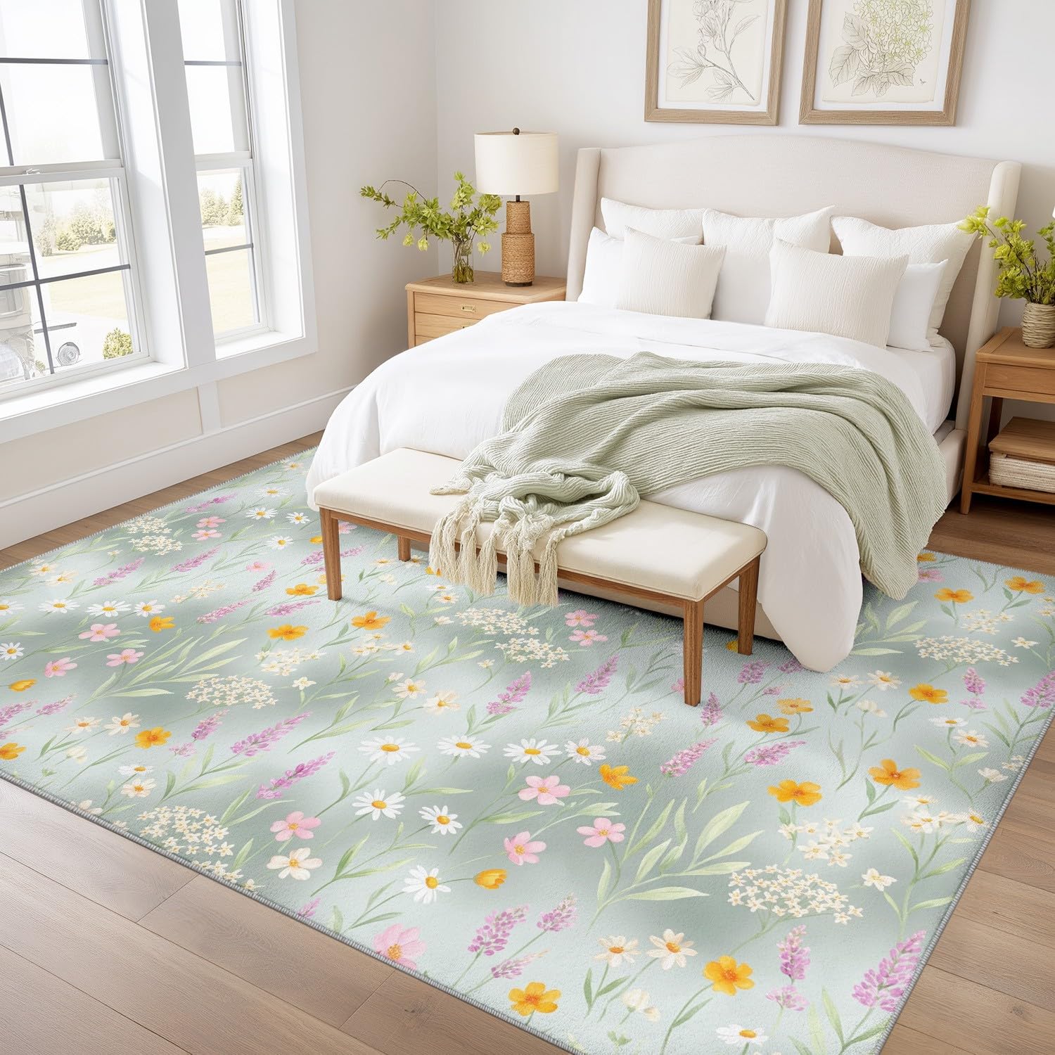 Générique Tapislavables 60 x 120 cm, Moquette d’Accent antidérapante Moderne Élégant avec Motif en Rayures Fleurs Moquette intérieure à Poils Bas pour Salon