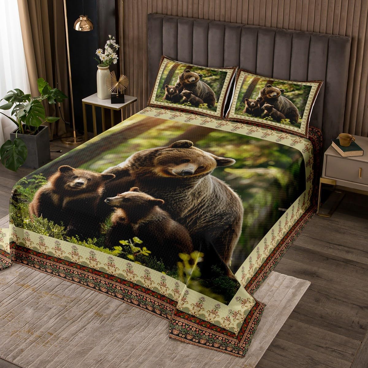 Black Bear Quilt Set King,Countryside Rural Hunting Theme Bedspread Set Gifts for Men Women,Retro Aztec Geometric Flowers Design Coverlet Set,Rustic Cabin Lodge Bedroom Decor Bed Cover,3 Pieces