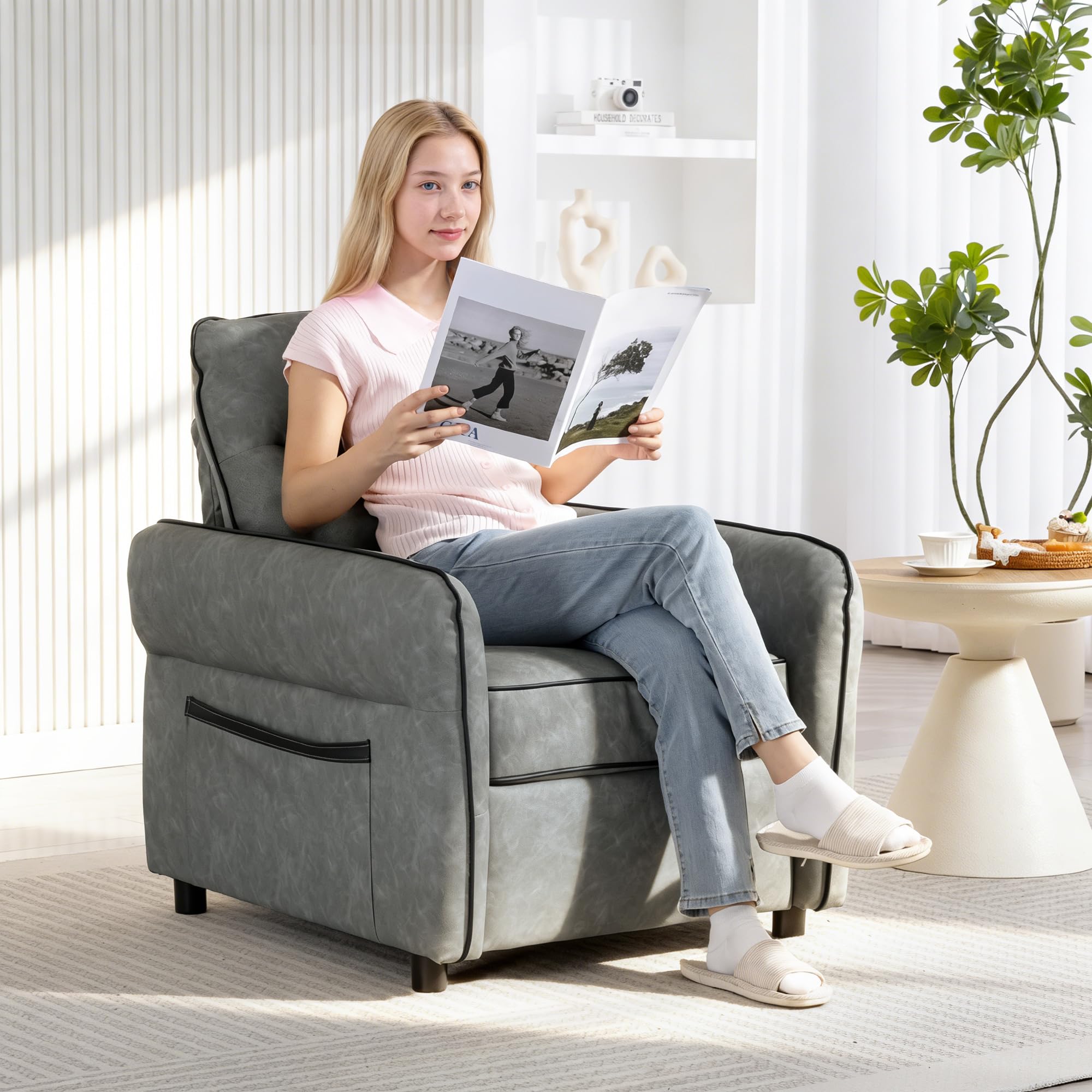 HOMCOM Armchair, Modern Accent Chair with Thick Cushion, Side Pockets, Grey