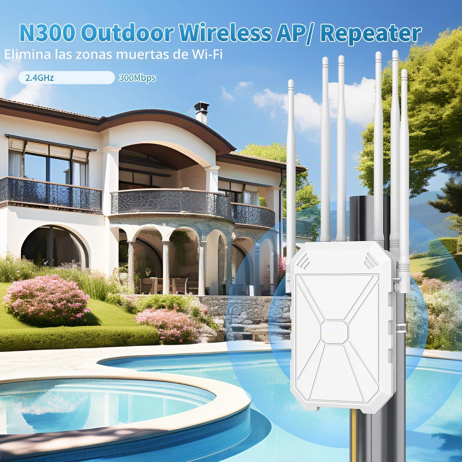 N300 Repetidor WiFi Exterior con 6 Antenas, Amplificador WiFi Exterior de Largo Alcance, Resistencia A La Intemperie Ip67, Amplificador Compatible con PoE Pasivo, para JardíN, CáMara