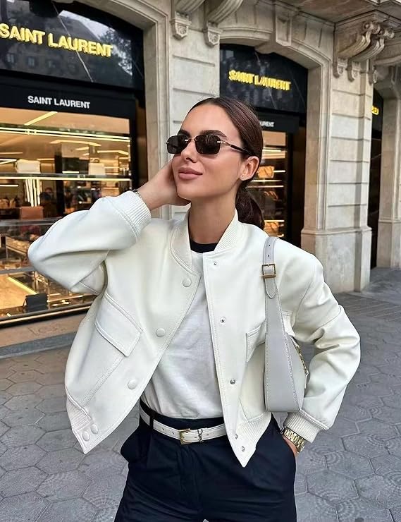 InterNos Womens Cropped Bomber Jacket Lightweight Classic Button Varsity Jacket Streetwear
