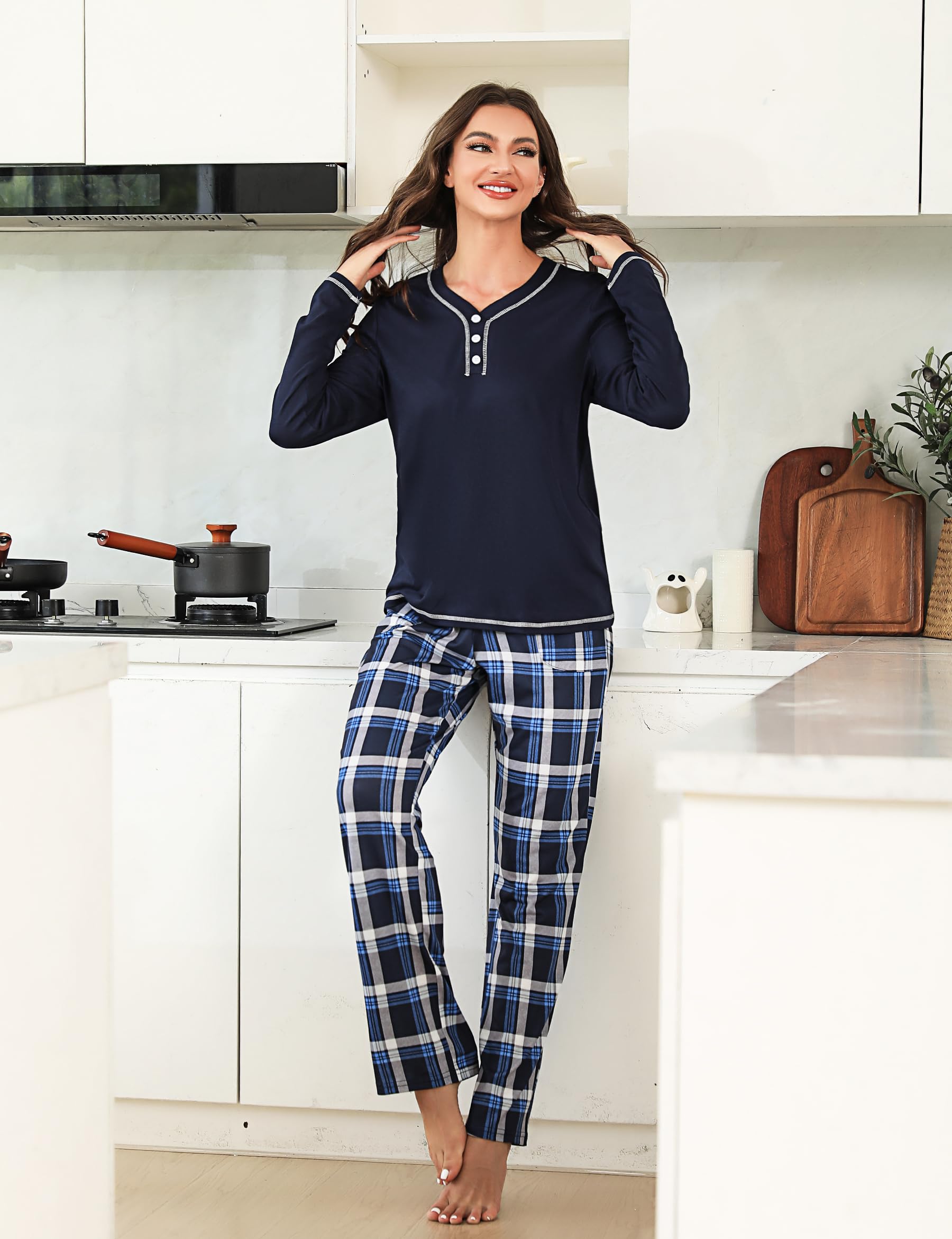 Uniexcosm Pigiama Donna, Pigiama a Quadri Donna Lungo Pigiama da Donna Cotone Leggero con Girocollo Pigiama 2 Pezzi Donna con Tasca Sciolto Accogliente per Casa e Casuale