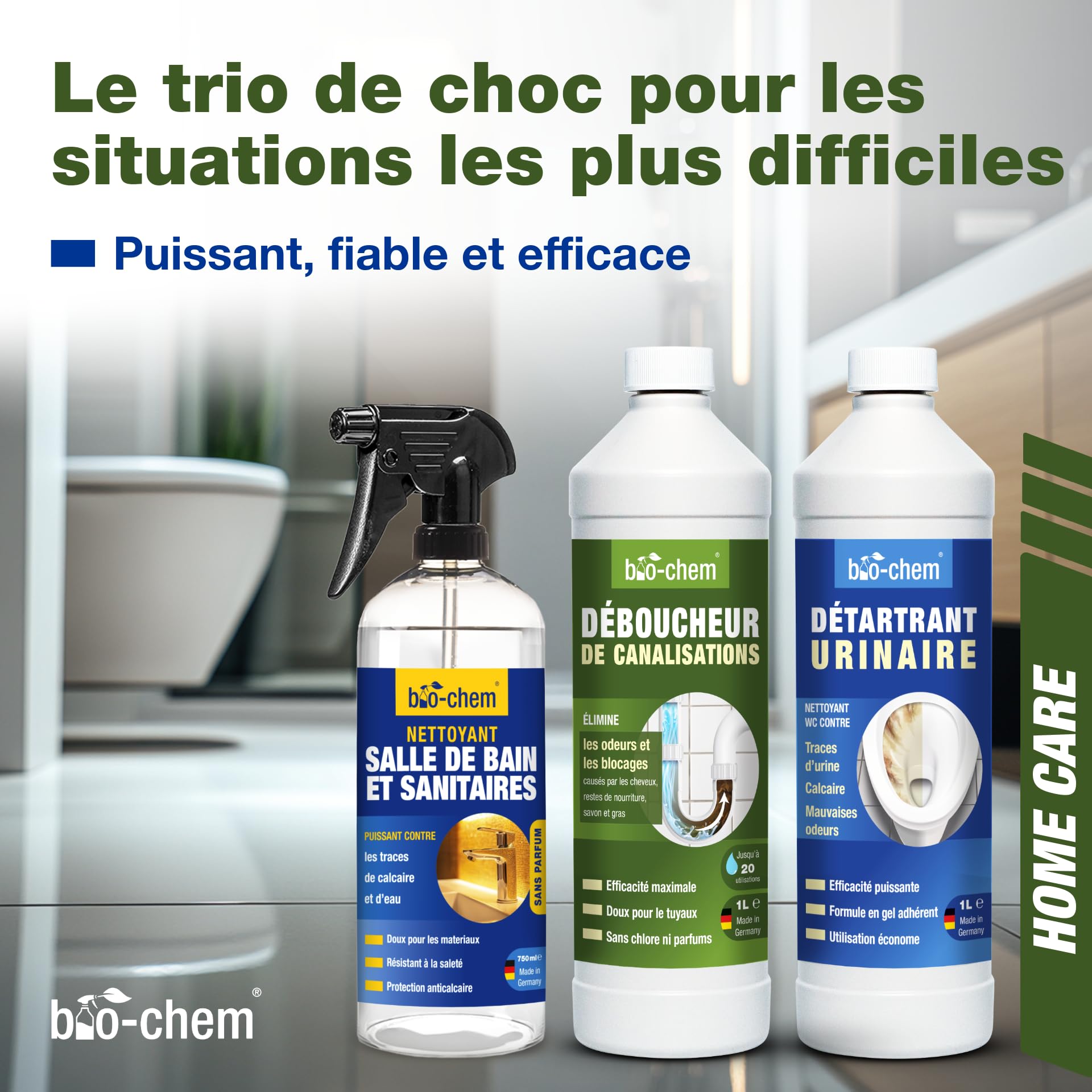 bio-chem Set de 3 nettoyants pour salle de bain, douches, WC | Déboucheur de canalisation 1L - Décapant urine et calcaire 1L - Produit surfaces de salle de bain 750ml