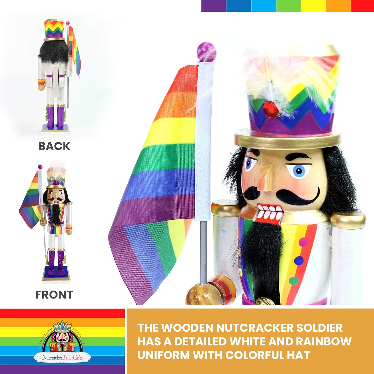 Nutcracker Ballet Gifts, Pride Nutcracker Christmas Ornaments, Wooden Figure Decoration with White Uniform and Rainbow Flag for Holiday Home Decor, 12 Inch, White Nutcracker Soldier