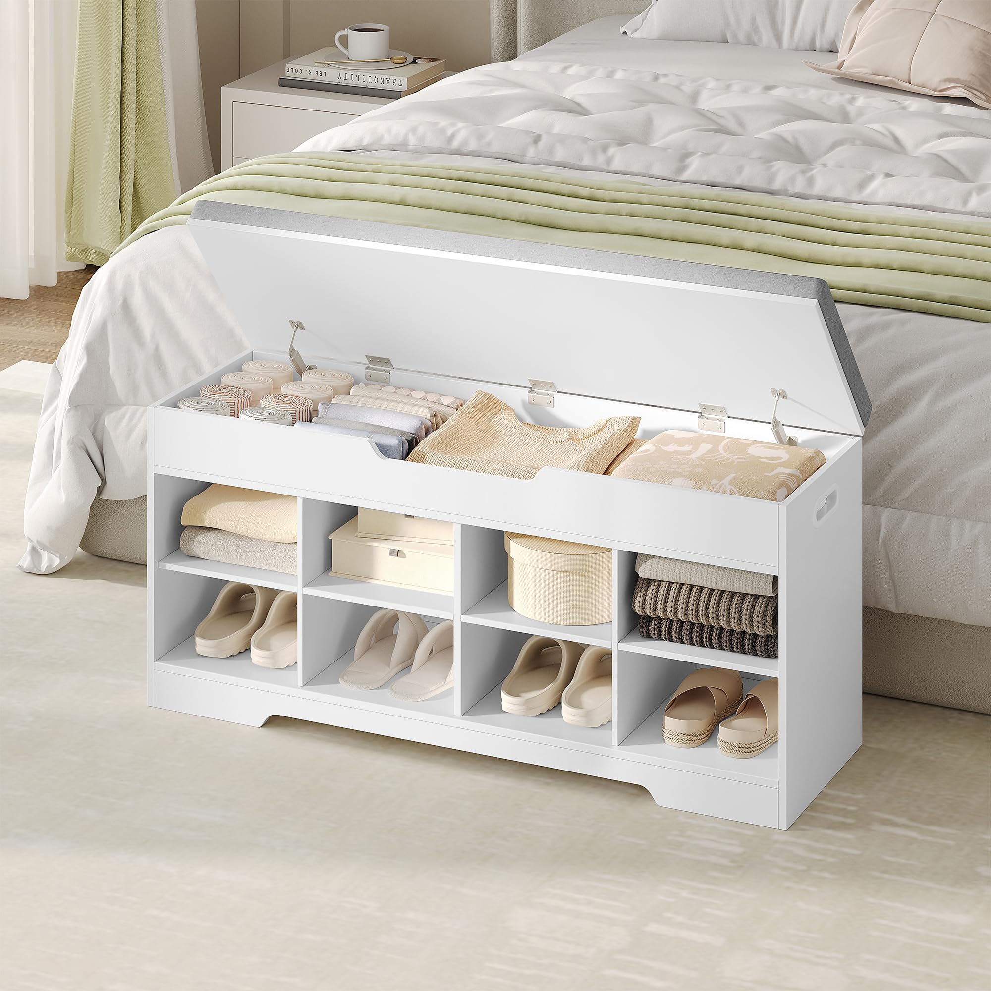 Sitzbank mit Stauraum, Schuhbank, 104 x 32 x 50 cm, Leinenweiß
