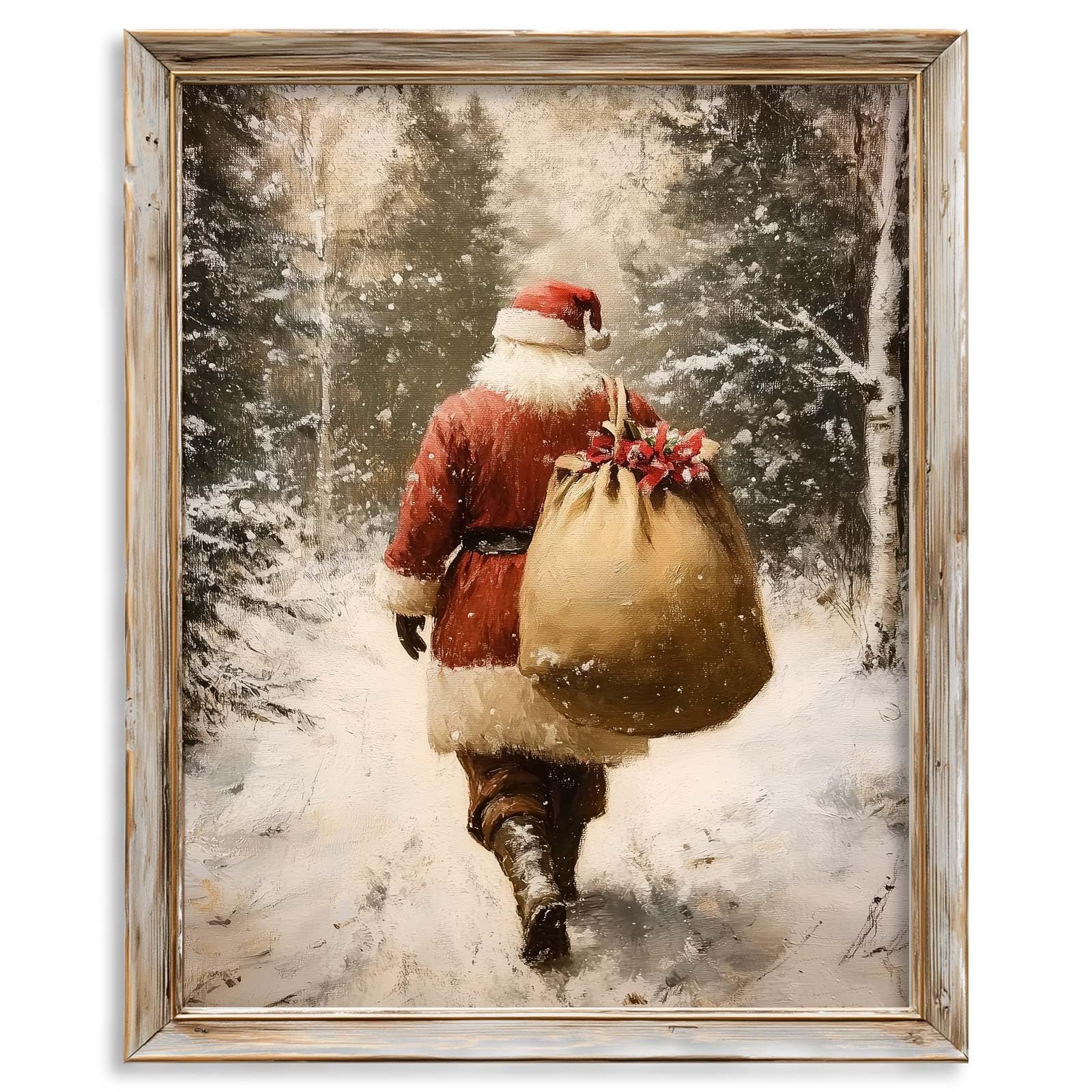 Vintage Santa Claus in Snowy Forest Print Rustic Christmas Wall Art Holiday Home D cor for Gift Giving