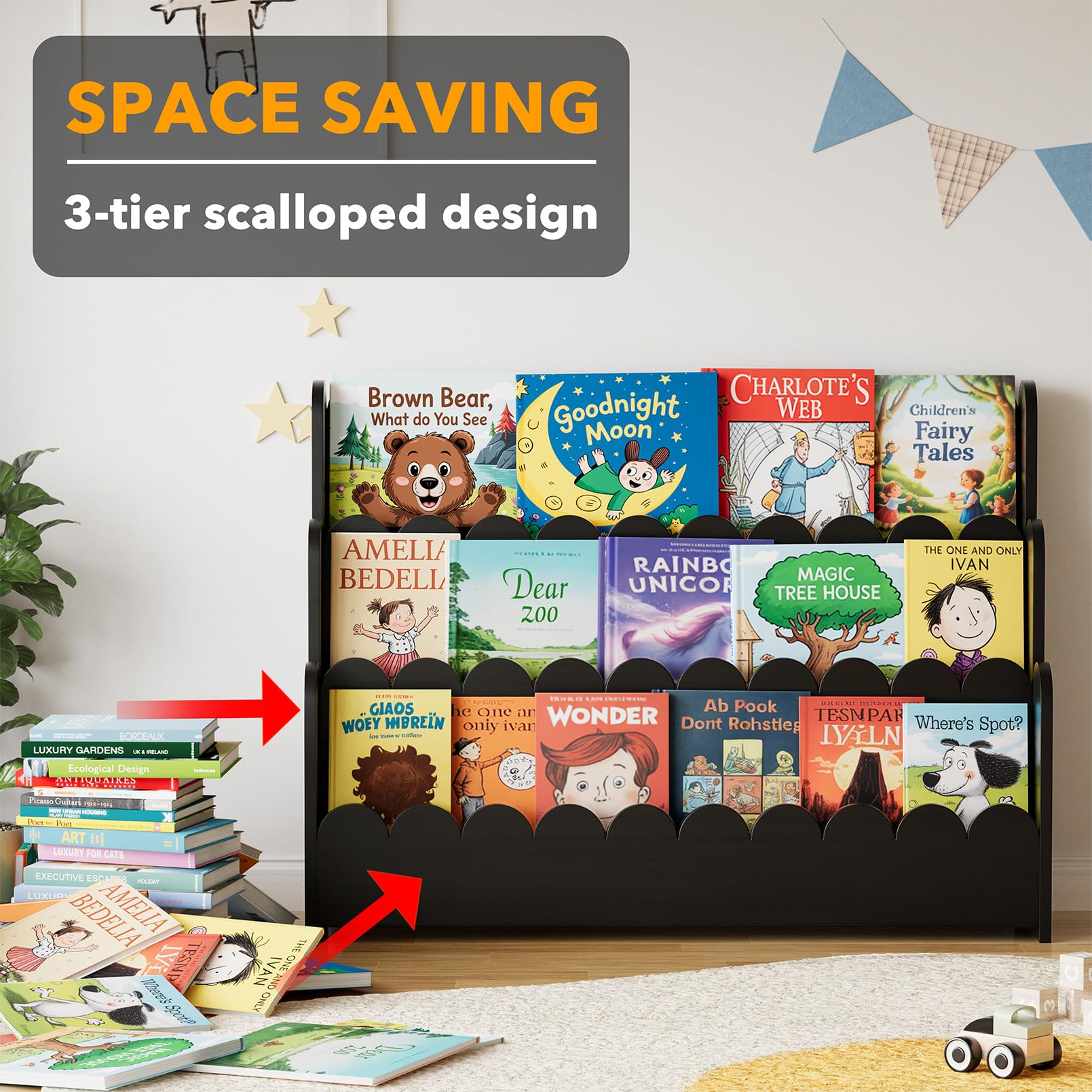 SpaceAid 3-stöckiges Montessori-Bücherregal, gewelltes Holz-Bücherregal für Kleinkinder, Organizer, Präsentationsmöbel für Kinderzimmer, Spielzimmer, Klassenzimmer, 93,2 cm breit, Schwarz