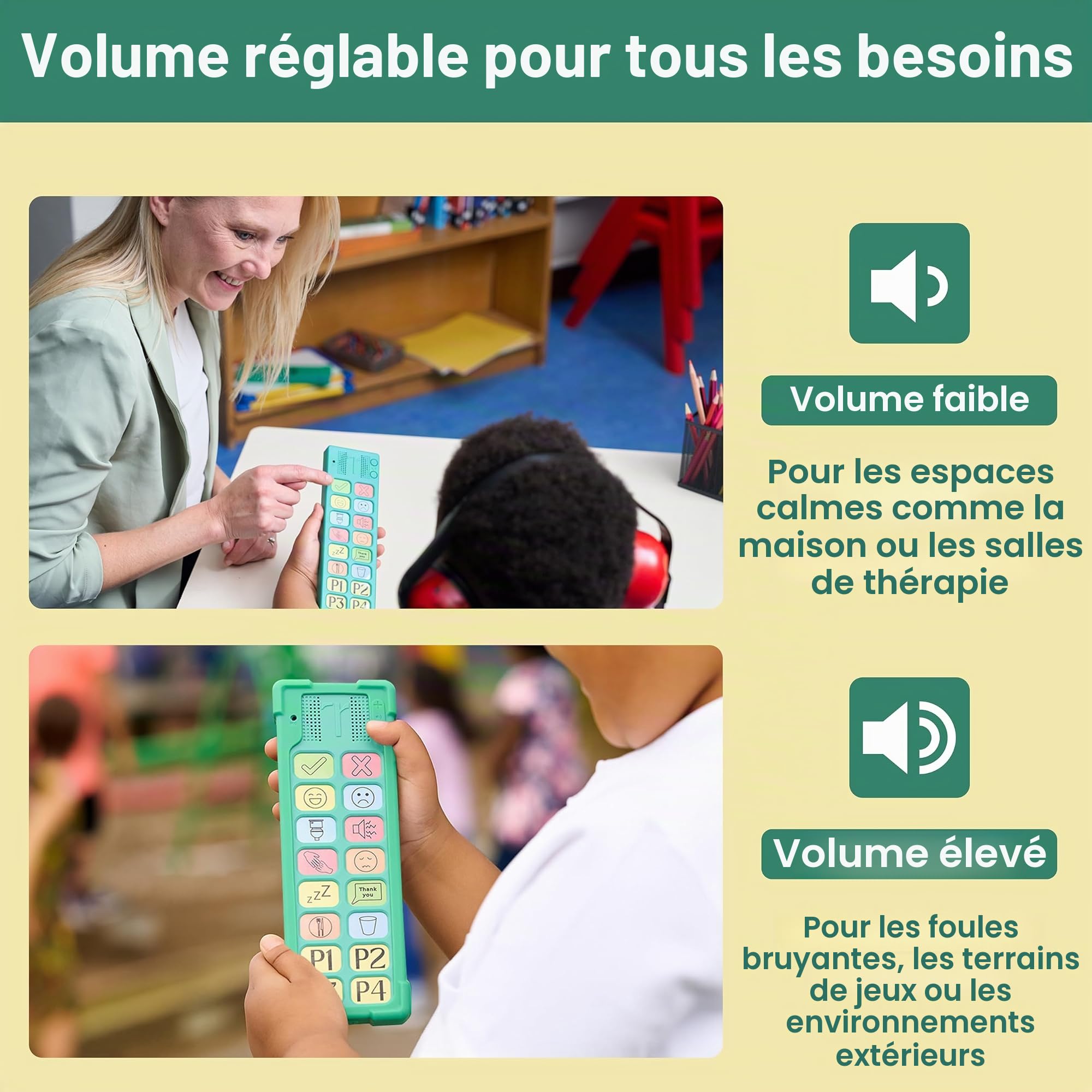 Appareil AAC pour l'autisme – Appareil de communication AAC pour enfants et adultes non verbaux – 4 boutons programmables et 12 boutons emblématiques prédéfinis avec volume réglable – Utilisé