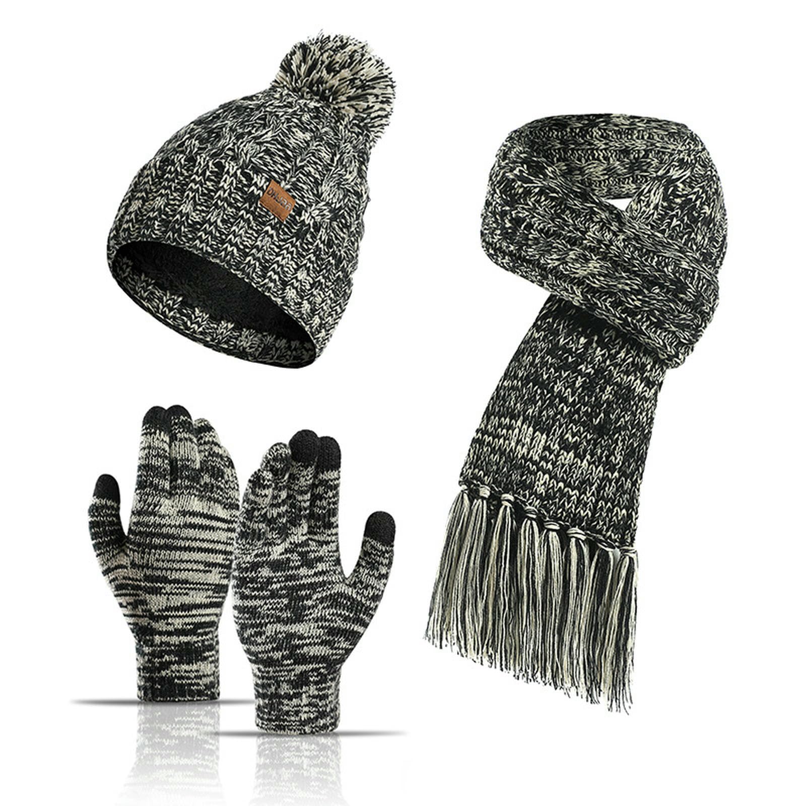 Wintermütze Schal Handschuhe Set Winter-Strickwolle, Bunte Mütze, Dicker Schal, Touchscreen-Handschuhe, Dreiteiliges Set-schwarz