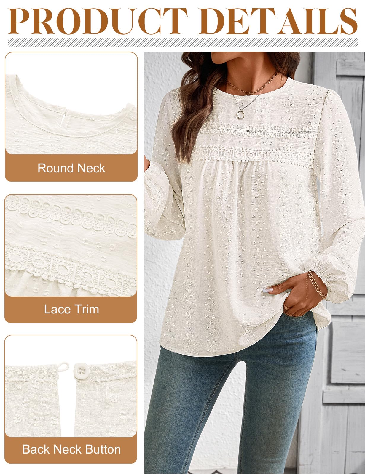 heekpek Chemisier Femme Boho Col Rond Top Manches Longues Blouse Chic et Élégant Haut Dentelle Chemise Ample Fluide Tunique