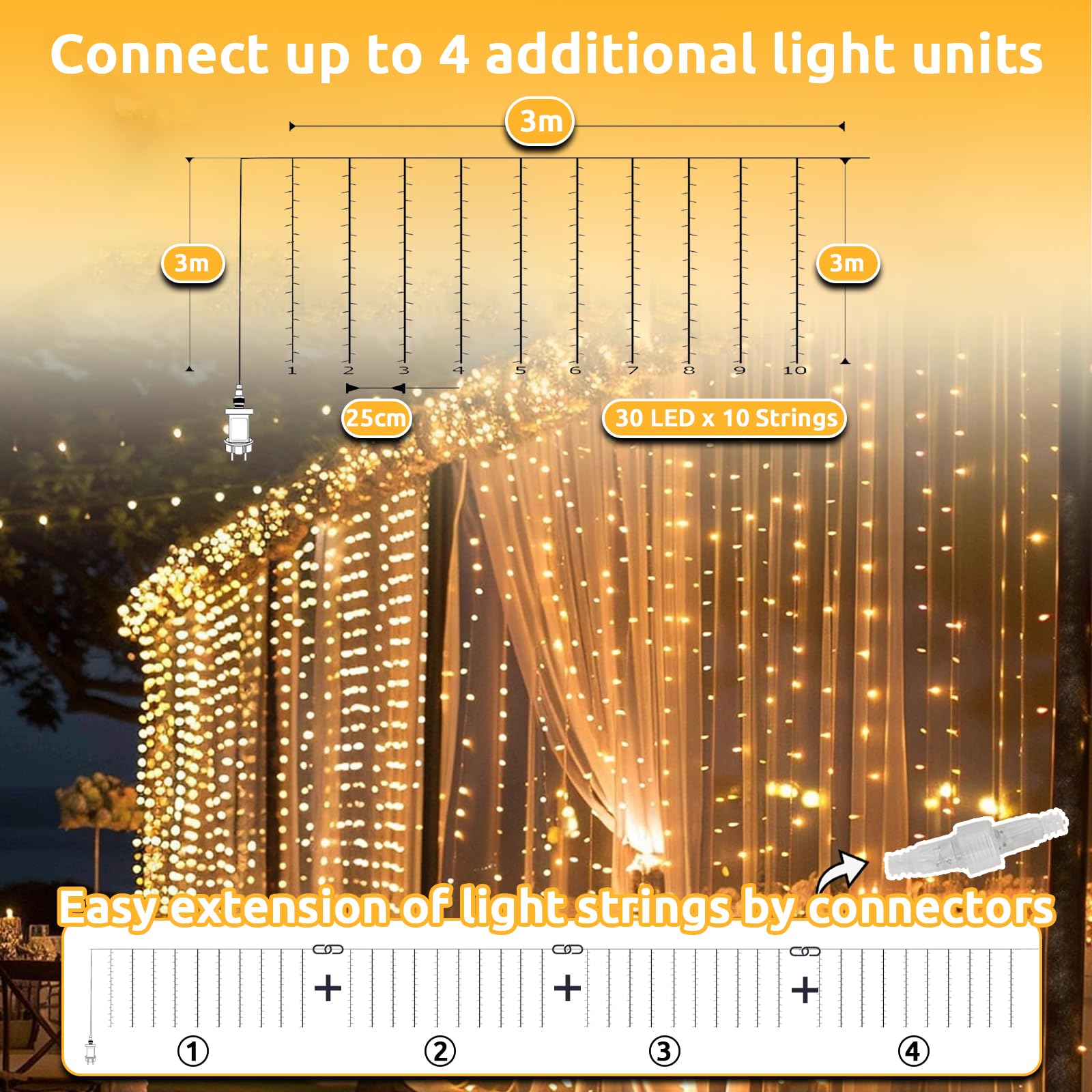 Dekofun Tenda Luminosa Natale 600 LED 6m x 3m Tenda Luci con Timer, 8 Modalità Prolungabile Tenda Luminosa Interno Impermeabile Luci Natale Esterno Cascata per Giardino, Matrimonio - Bianco Caldo