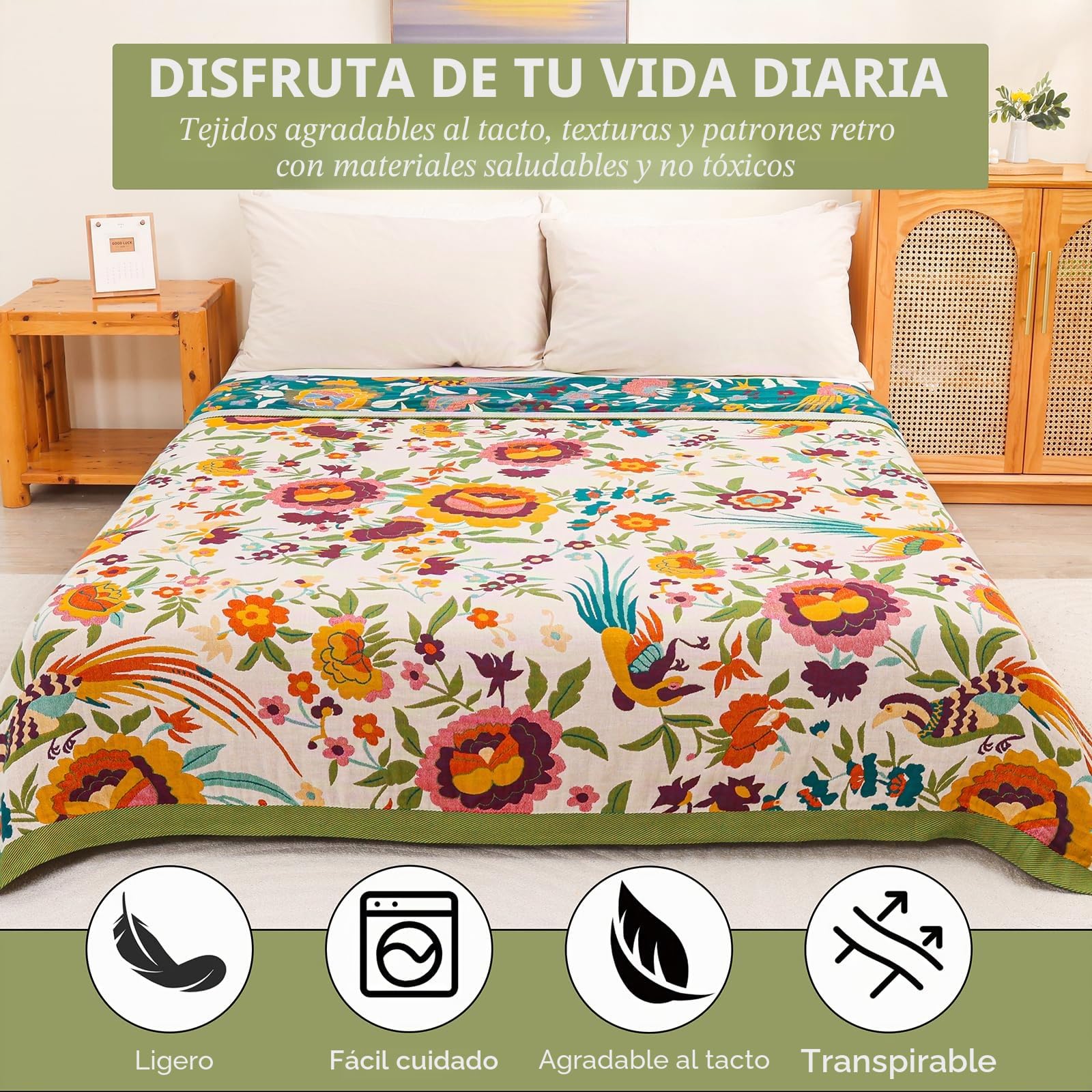 HOORDRY Manta decorativa bohemia de algodón de doble cara, agradable al tacto, para cama individual y sillón con patrones de flores, colcha para todas las estaciones, 100% algodón puro, 150 x 200 cm.