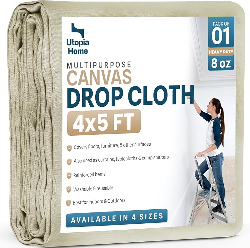 Canvas Drop Cloth 4x5 Ft, Drop Cloth for Painting, 1 Pack | Washable and Reusable, Canvas Fabric, Furniture & Floor Protection, Highly Absorbent, Duck Dropcloth