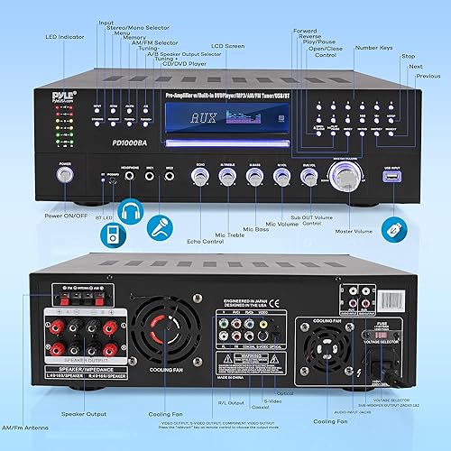 Miniatura 2 de Pyle Amplificador de potencia Bluetooth inalámbrico de 4 canales, altavoz estéreo de 1000 W, receptor de audio para el hogar con radio FM, USB,