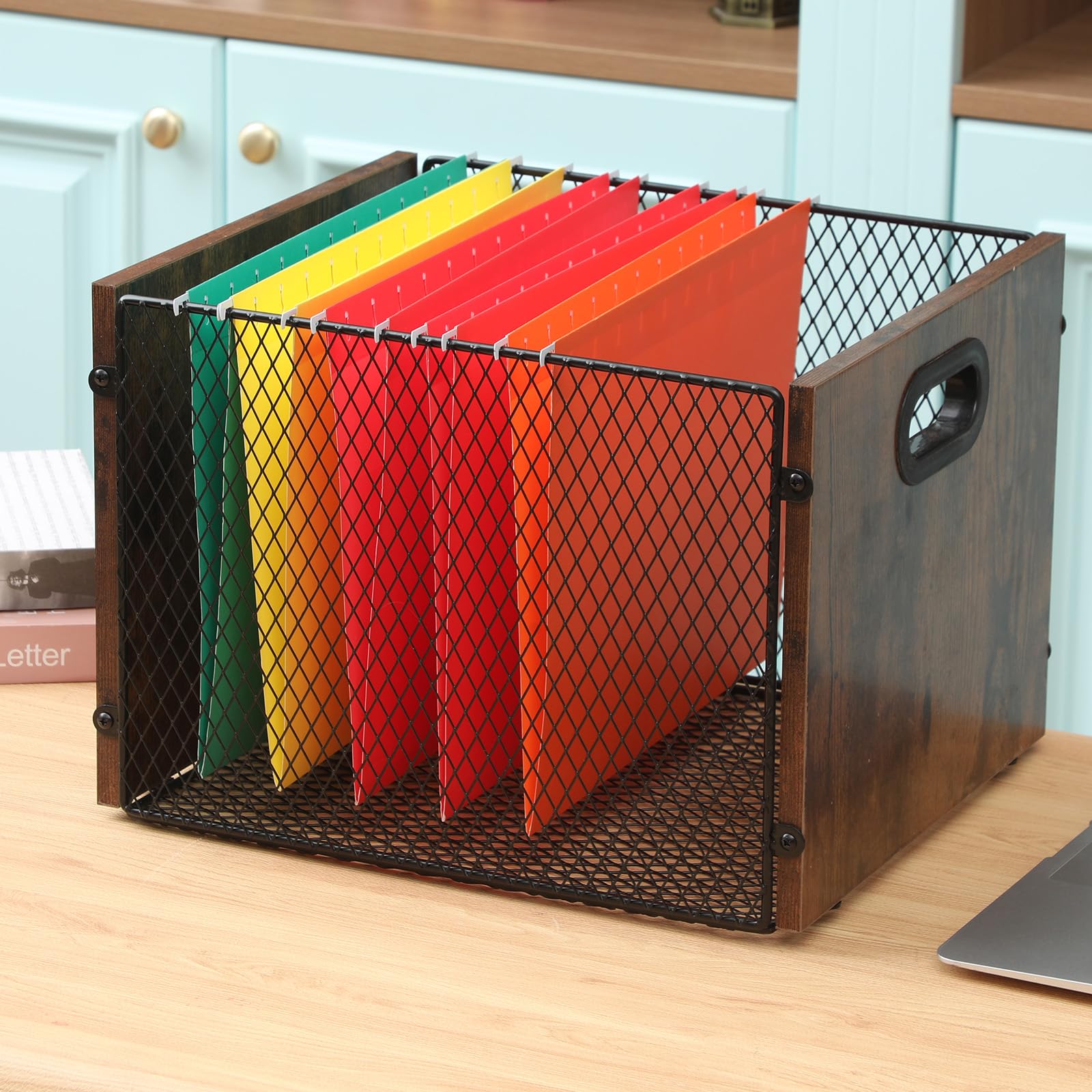 Yalikop Organizador de archivos colgante, caja de almacenamiento para carpetas colgantes, gabinete de madera con asa para escritorio de oficina en casa, tamaño carta