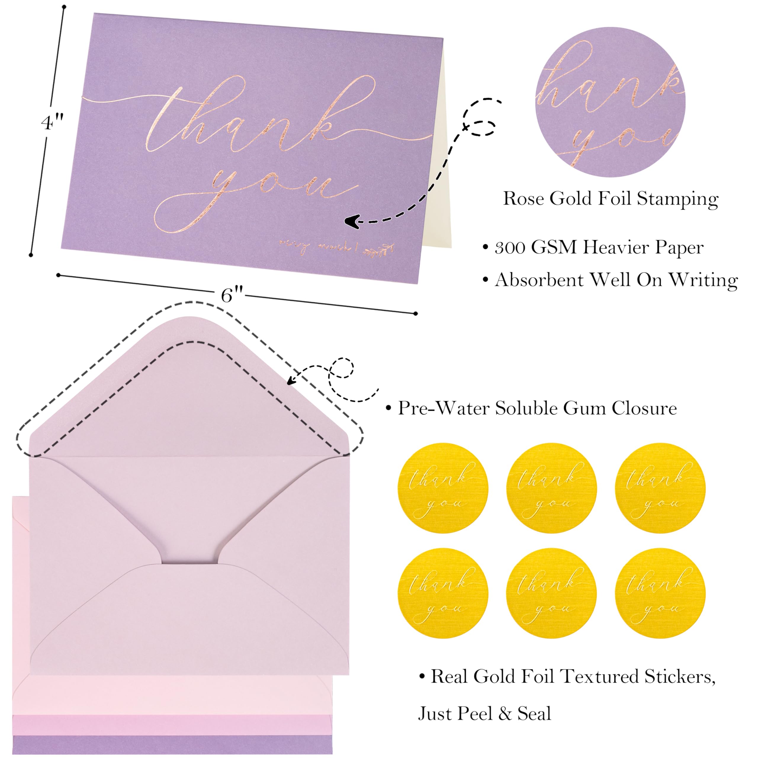 Crisky 50 tarjetas de agradecimiento de tono lavanda con sobres y calcomanías, tarjetas de felicitación simples y elegantes, perfectas para bodas, negocios, cumpleaños, graduación, 4 x 6 pulgadas