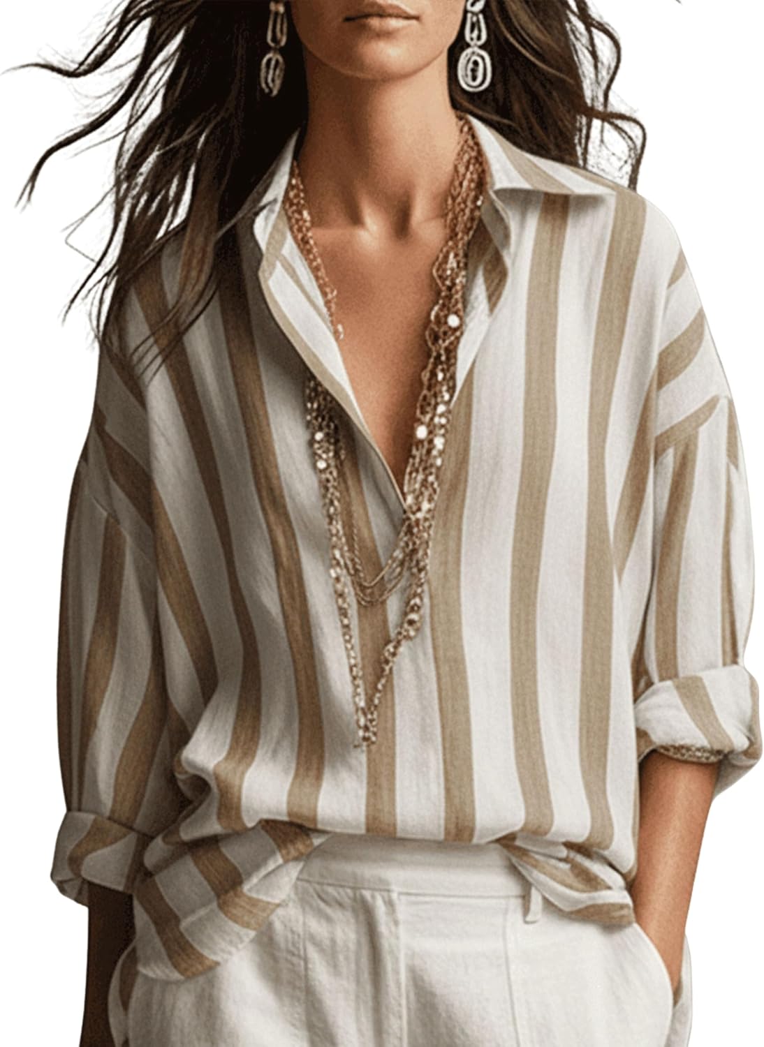 Gozoloma Women's Striped Button Down Henley Shirt Oversized Long Sleeve Collared Blouse Casual Office Tunic Tops