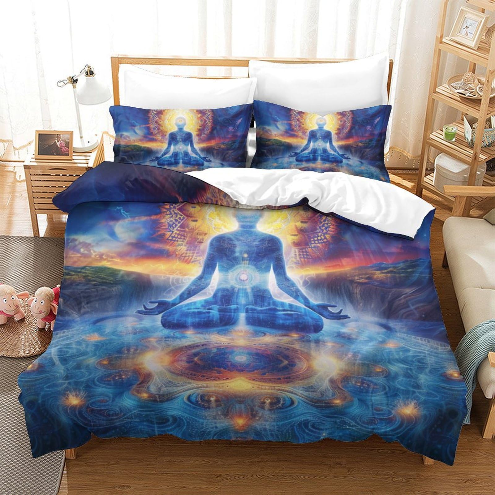 Housse de couette Bouddha 3D infroissable en microfibre 220x240cm pour lit d'ado sans repassage