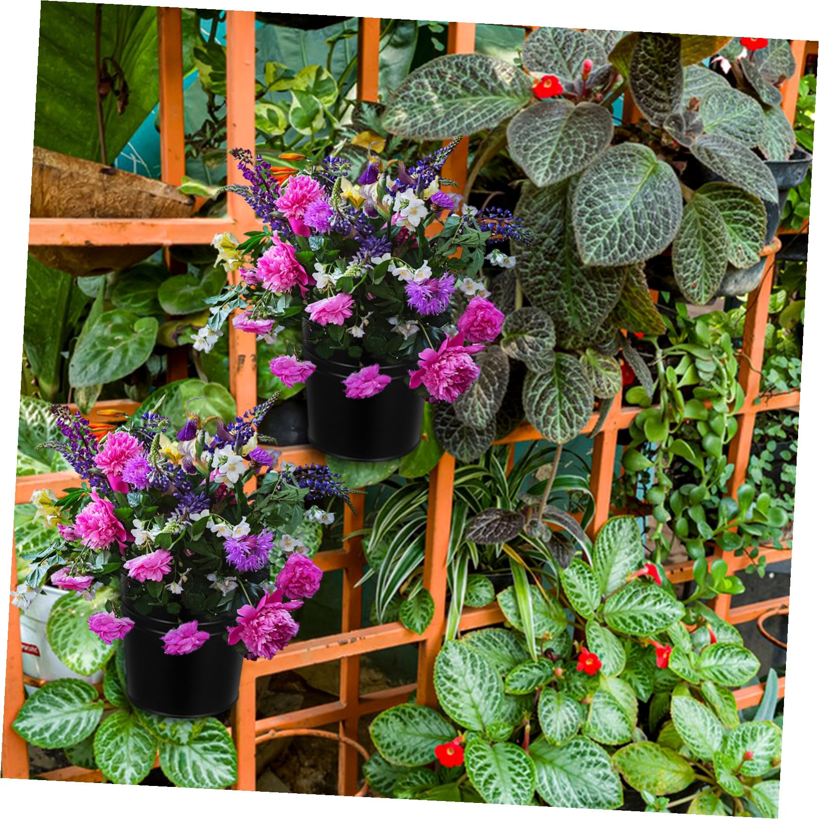 6 pezzi Vasi Sospesi in Ferro Nero con Base Portavasi da Esterno per Balcone Recinzione e Giardino Fioriere Rustiche per Piante e Felci Supporti Decorativi Appendibili