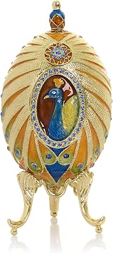 Keren Kopal Colorful Peacock Faberge Egg, Enamel with Austrian Crystals, 24K Gold Plated, Handmade Trinket Box, Magnetic Closure