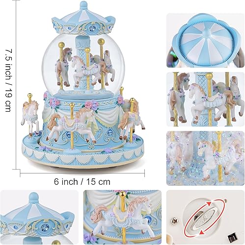 Miniatura 4 de Caja de música de carrusel, 8 globos de nieve azules de caballos, cajas musicales con luz LED, para esposa, hija, novia, mamá, nieta, aniversario,