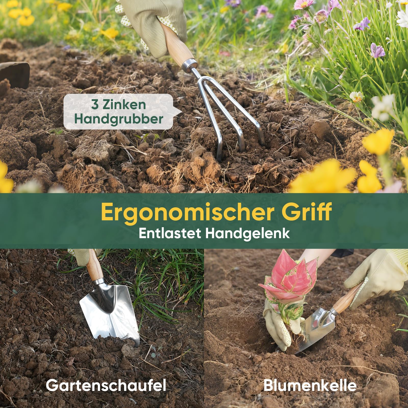Gartenwerkzeug Set, 10-teilig Gartengeräte aus Hochwertigem Edelstahl, inkl. klein Gartenschaufel Gartenschere Gartentasche Handschuhe