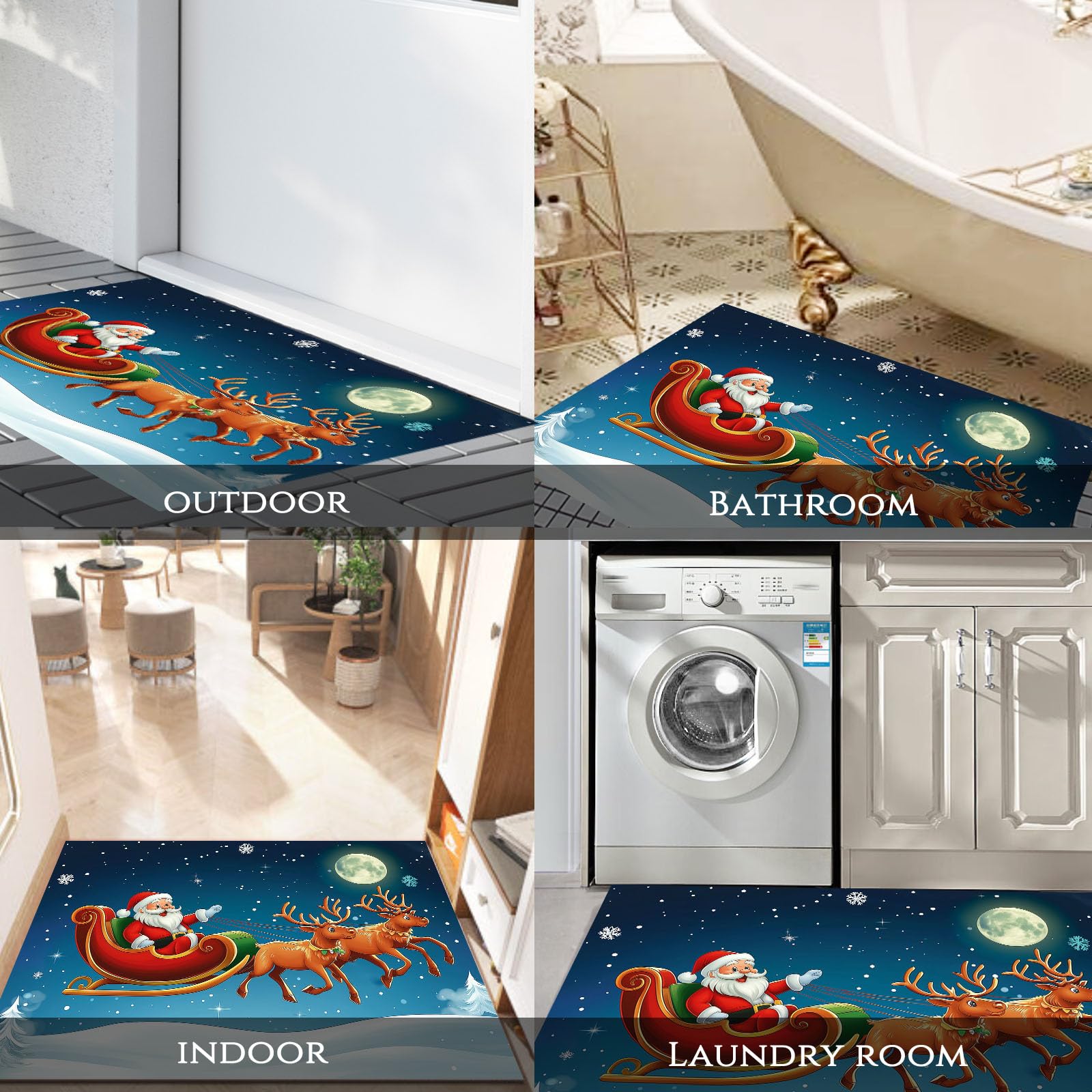 Felpudo Entrada Navidad 90 x 150 cm, Alfombra Entrada Casa Interior Antideslizante Papá Noel, Lavable Felpudo de Alfombrilla Renos Trineo, Interior Tapete Azul